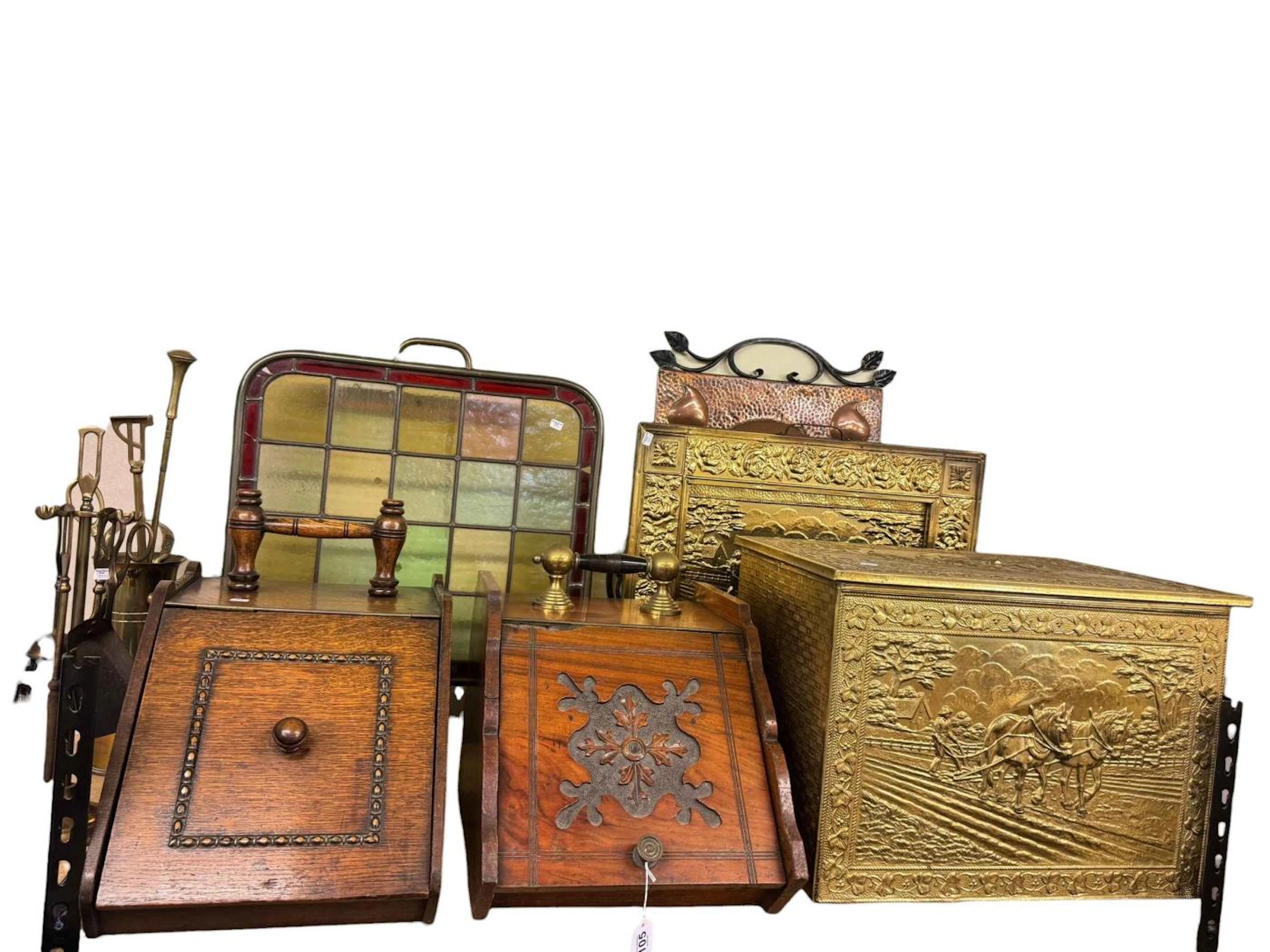 Two coal scuttles, brass firescreen and log bin, copper Art Nouveau