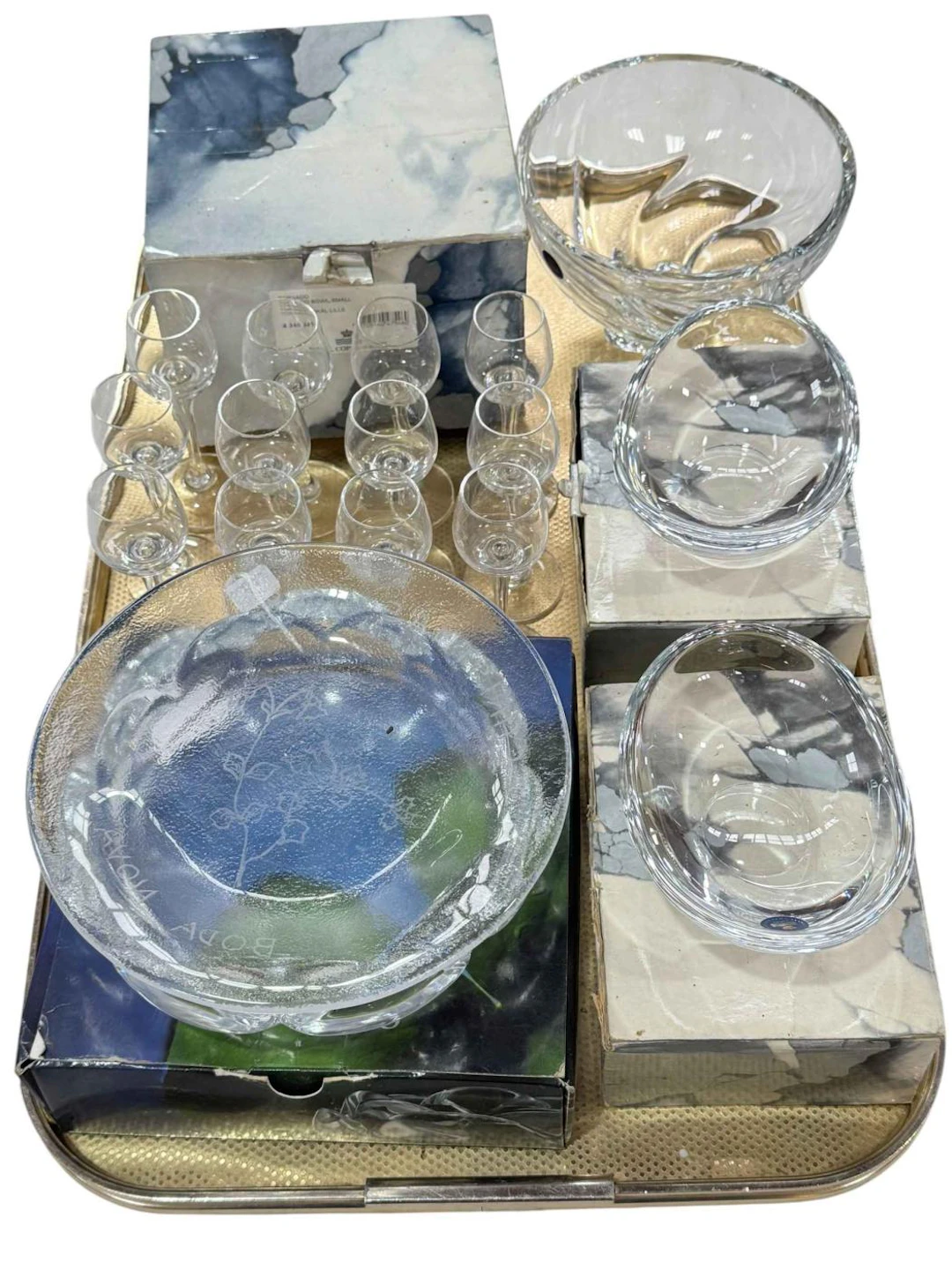 Royal Copenhagen glass including Lotus bowl, Tornado bowl, two small