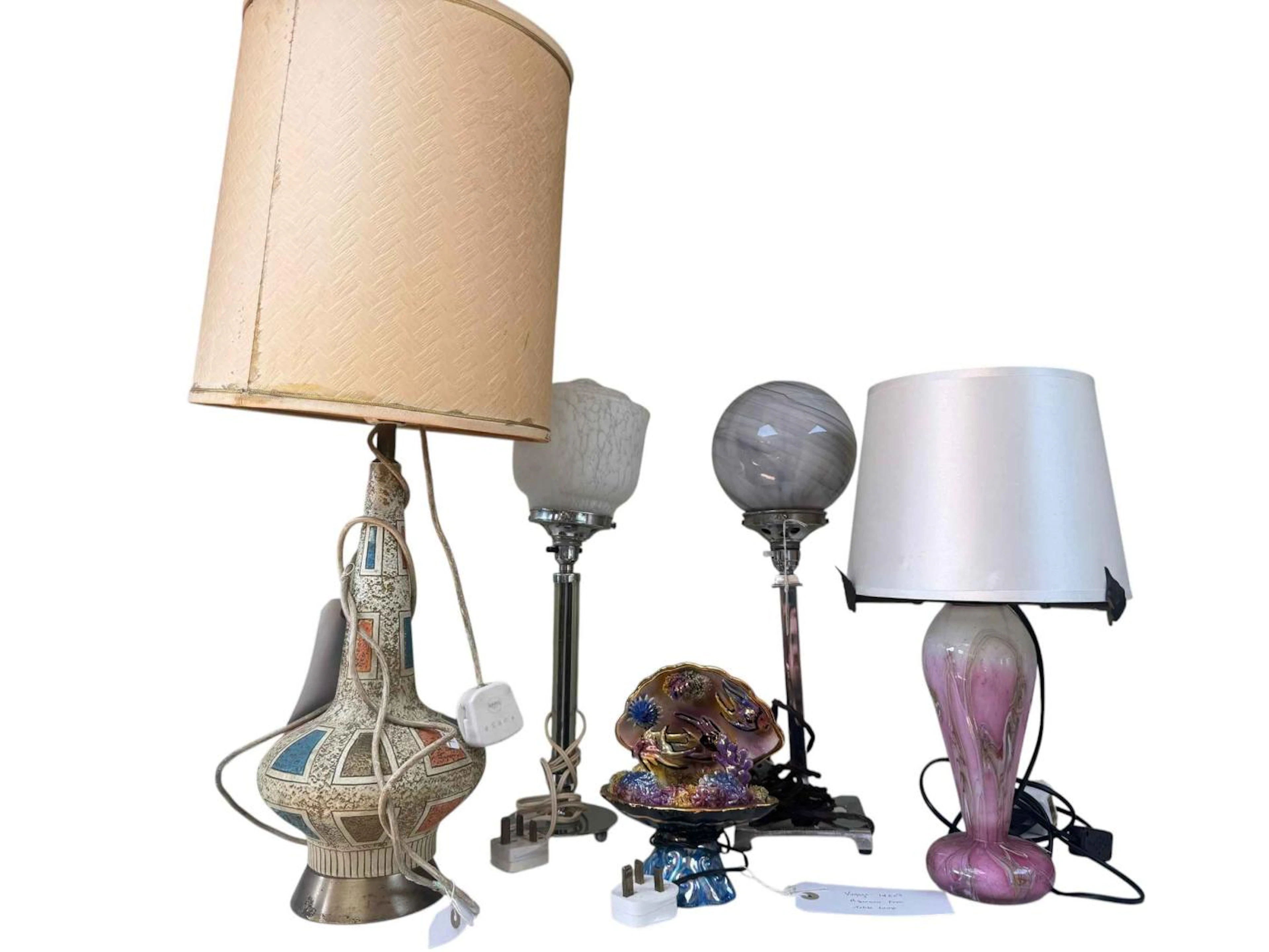 Collection of five table lamps including two Art Nouveau chrome lamps