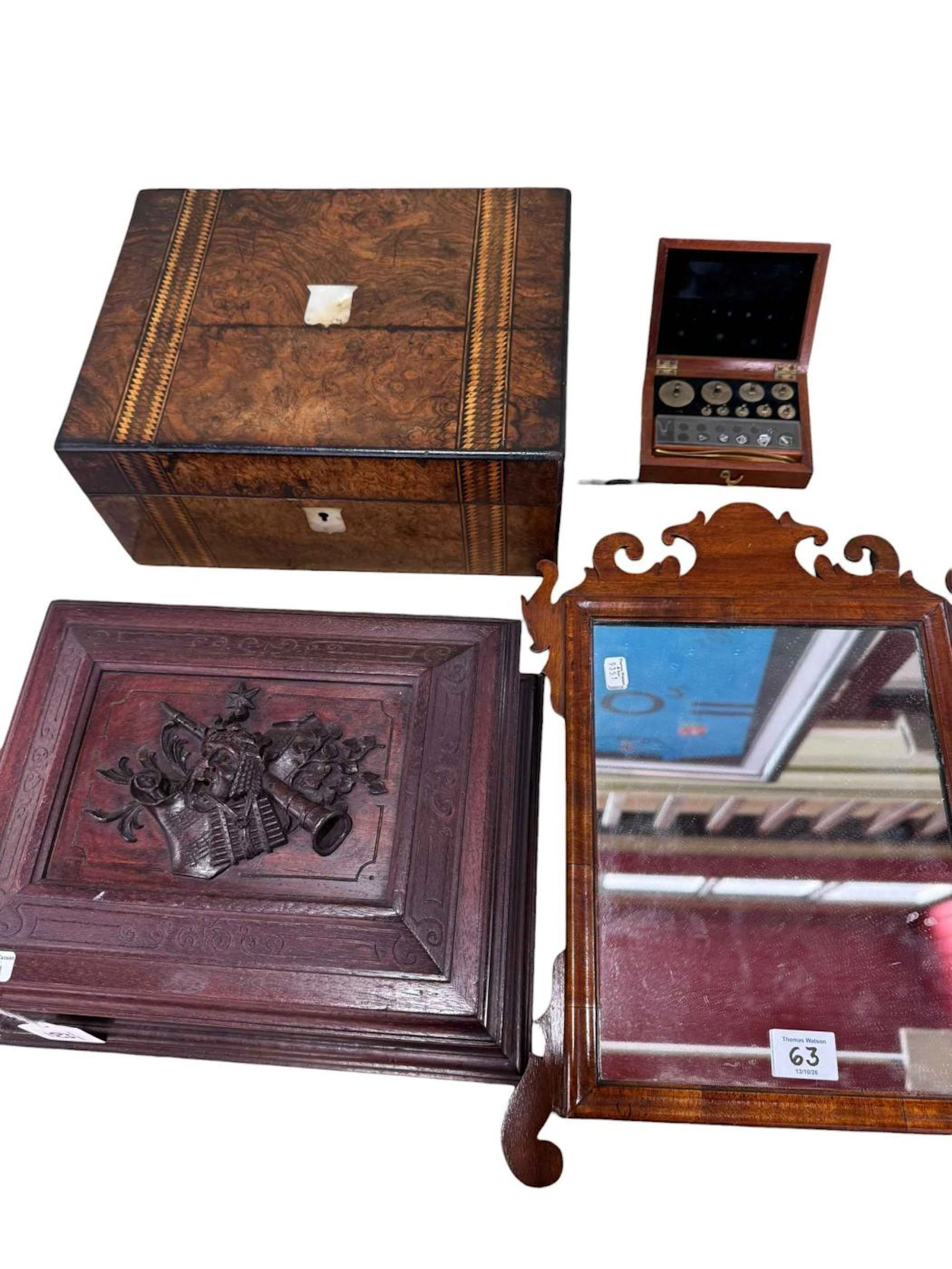 Victorian and carved wood boxes, Georgian wall mirror and cased set of weights.