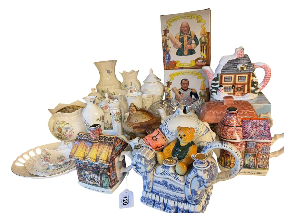 Collection of Aynsley Wild Tudor, novelty teapots and glass bowl.