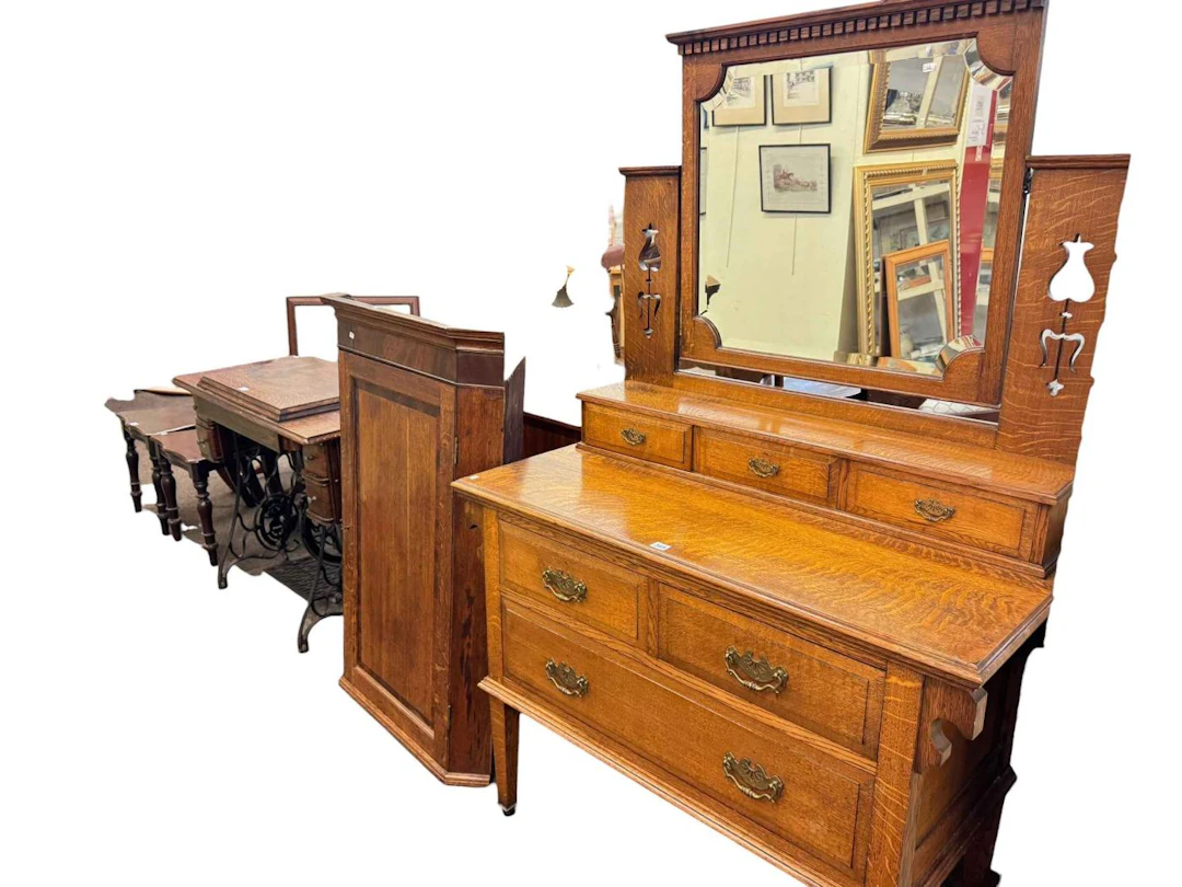 Oak dressing table, oak hanging corner cabinet, oak singer treadle
