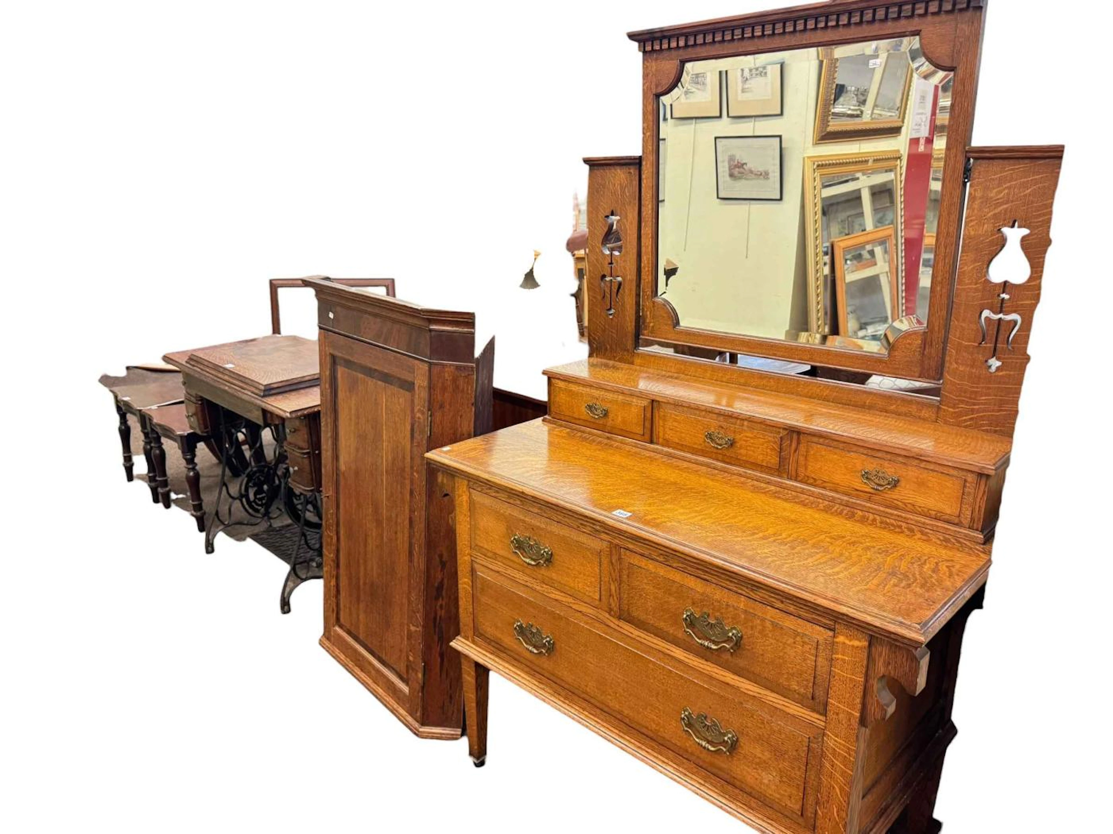 Oak dressing table, oak hanging corner cabinet, oak singer treadle