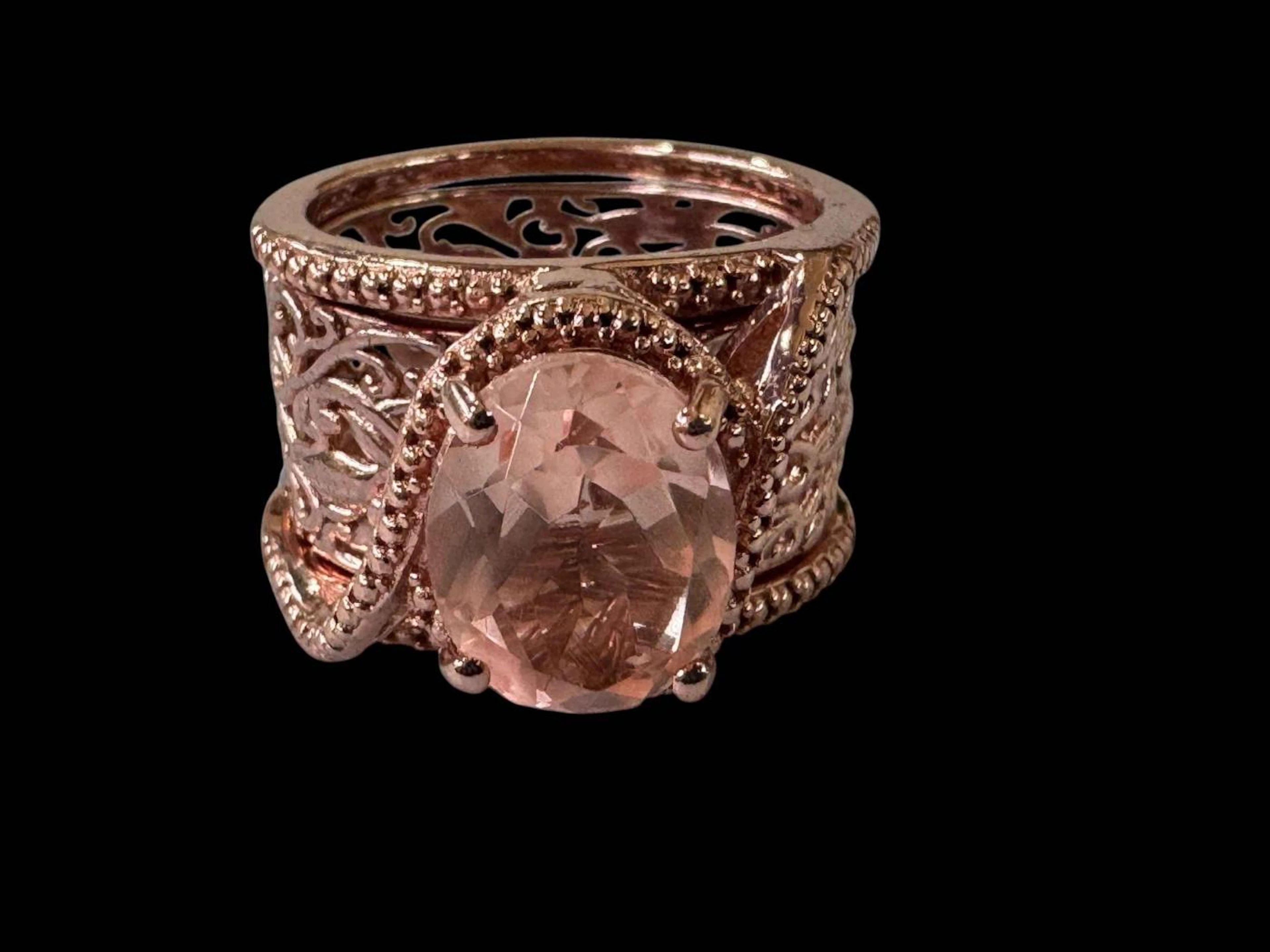 Rachel Galley rose gold colour on silver morgonite ring and pair of