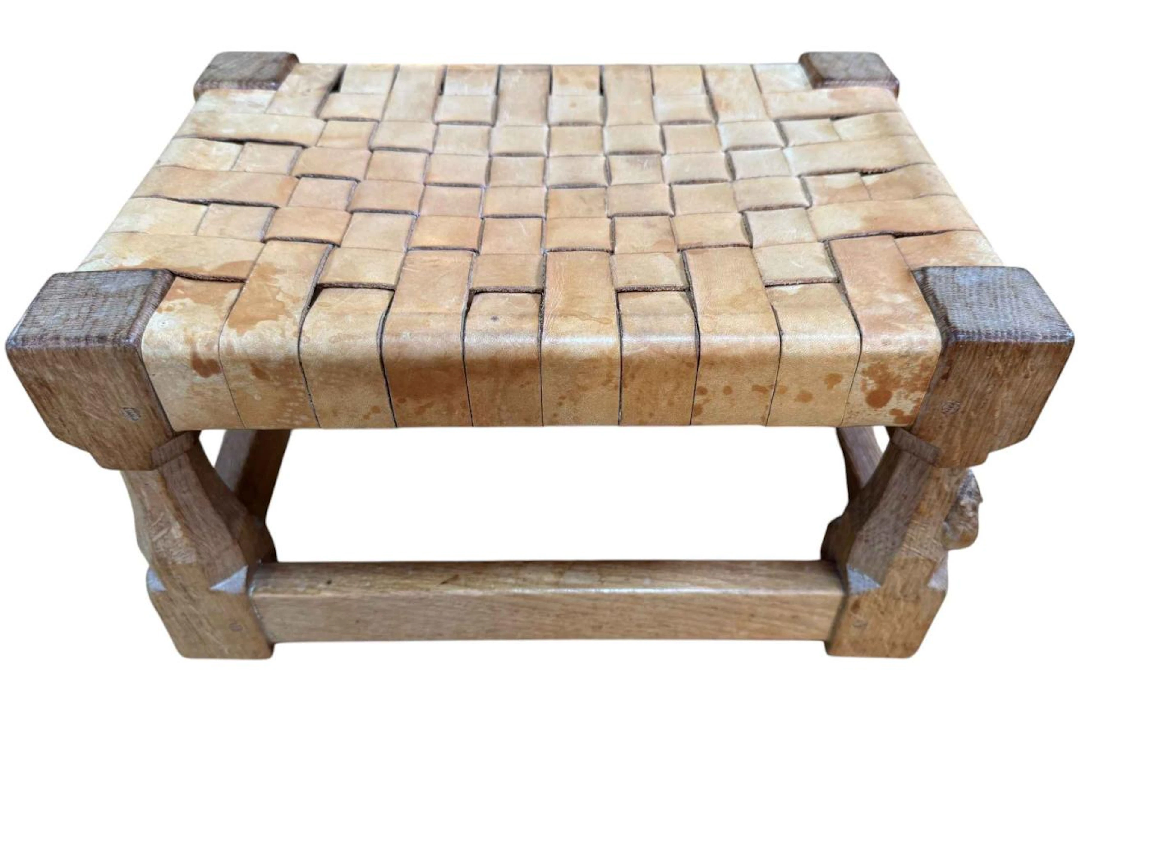 Robert Thompson of Kilburn 'Mouseman' oak footstool with woven leather