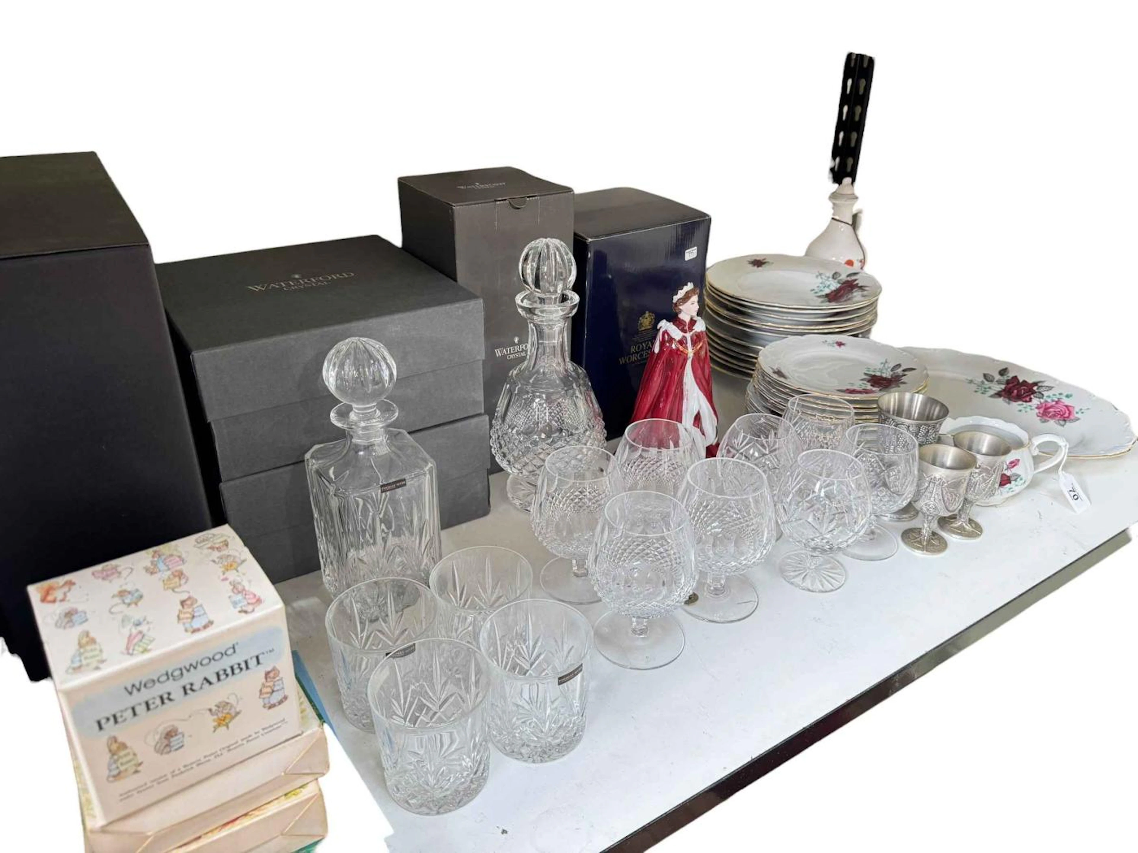 Waterford Crystal glass decanter and four brandy goblets and other