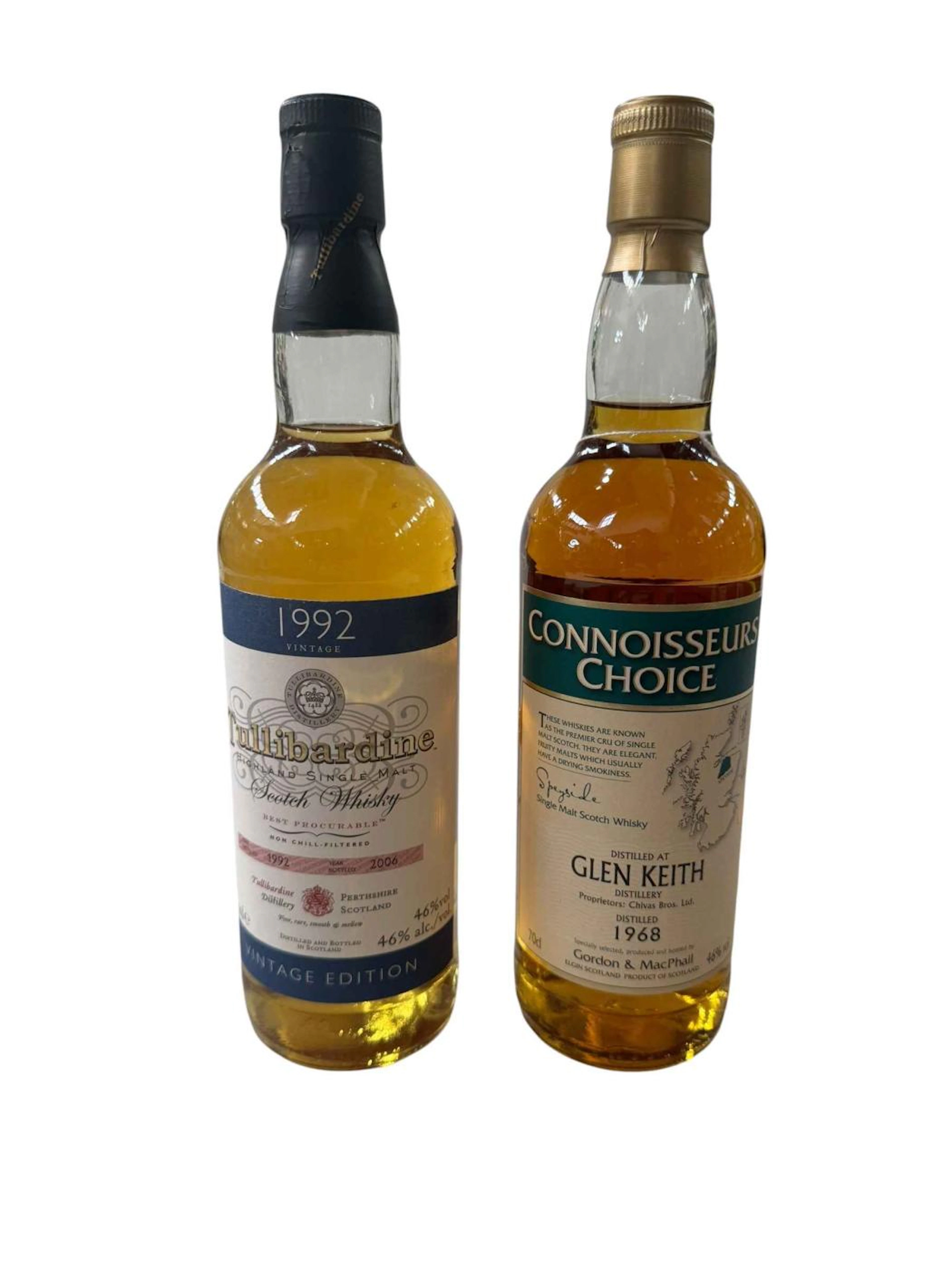 Two bottles of whisky; Tullibardine 1992 vintage and Connoisseurs
