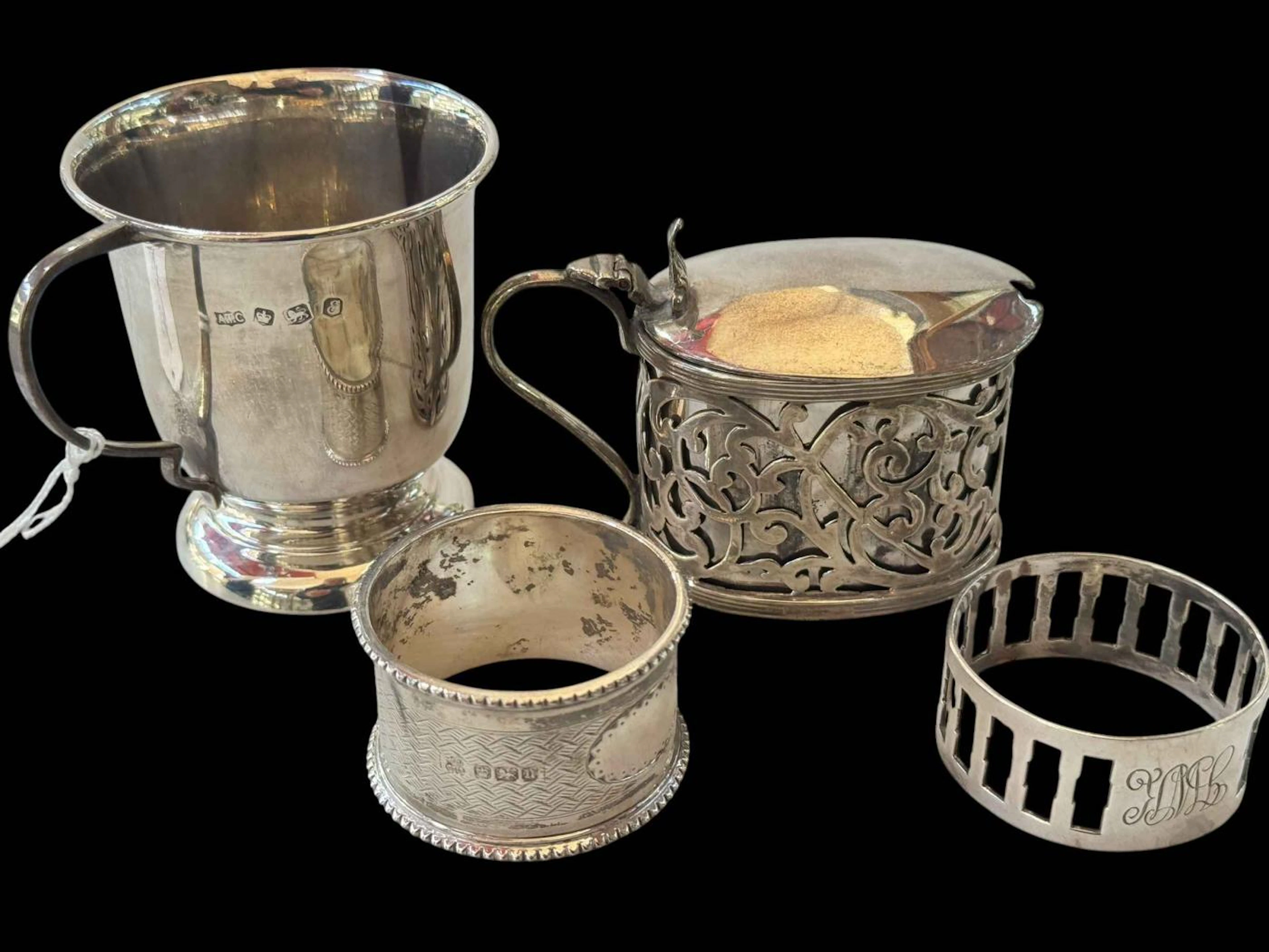 Silver oval lidded mustard pot, Birmingham 1904, silver christening