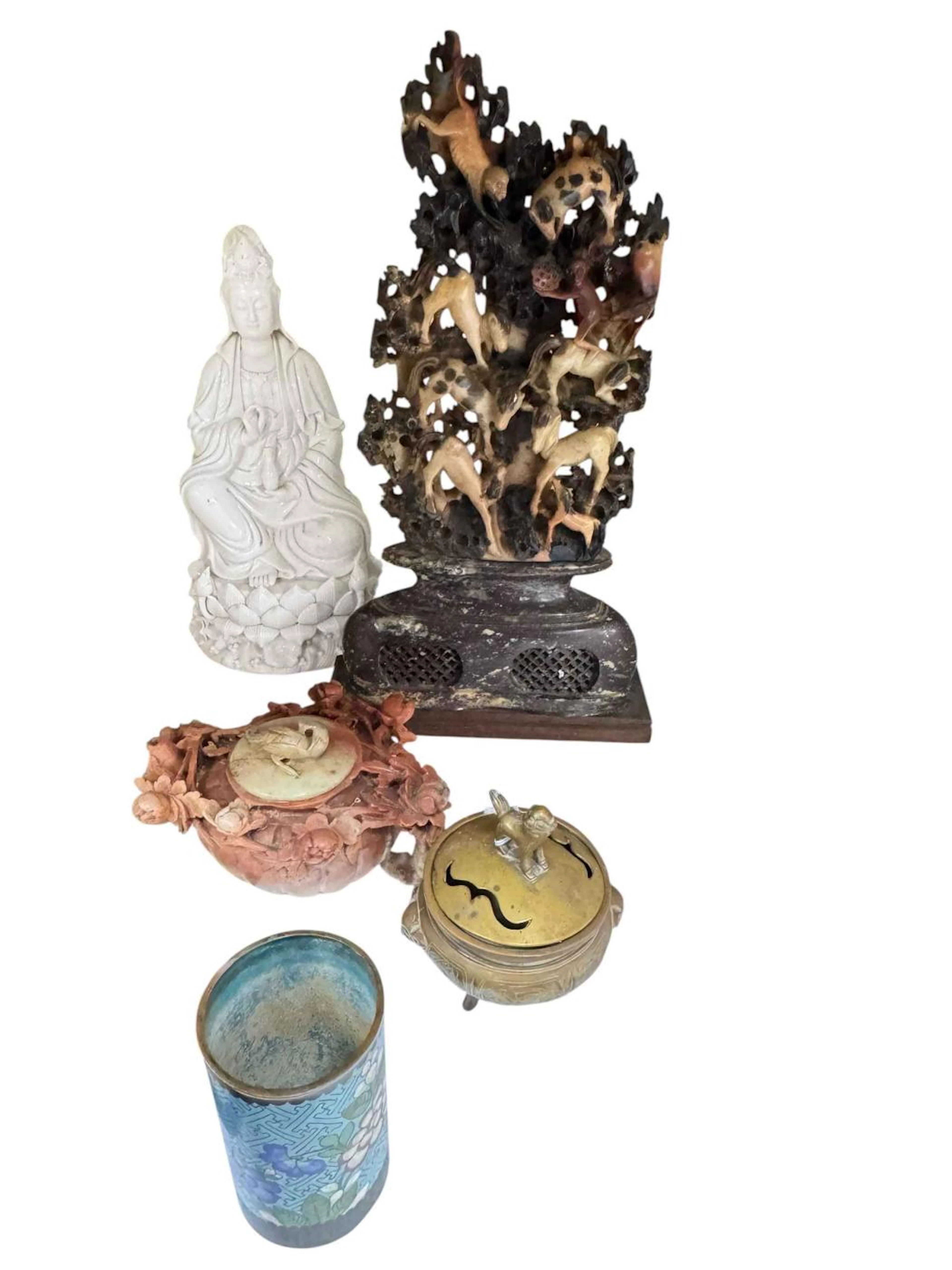 Large soapstone carving, soapstone teapot, Buddha figure, Cloisonné