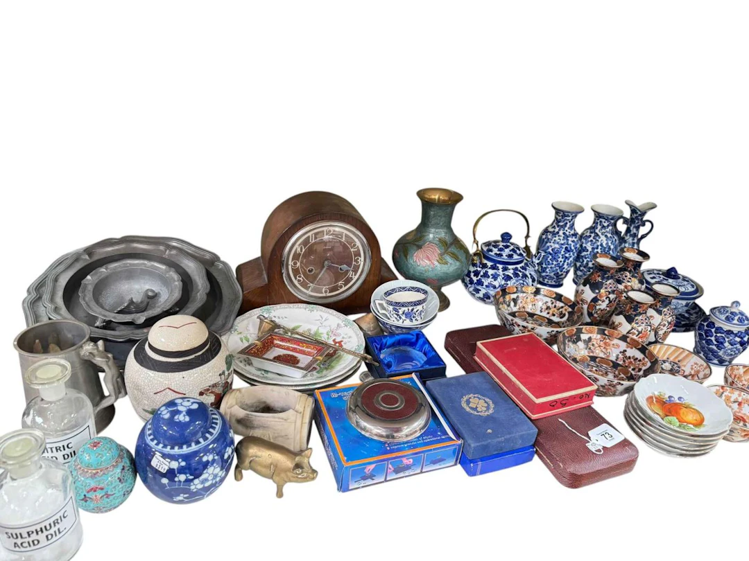 Oak mantel clock, three ginger jars, Oriental china, pewter, etc.