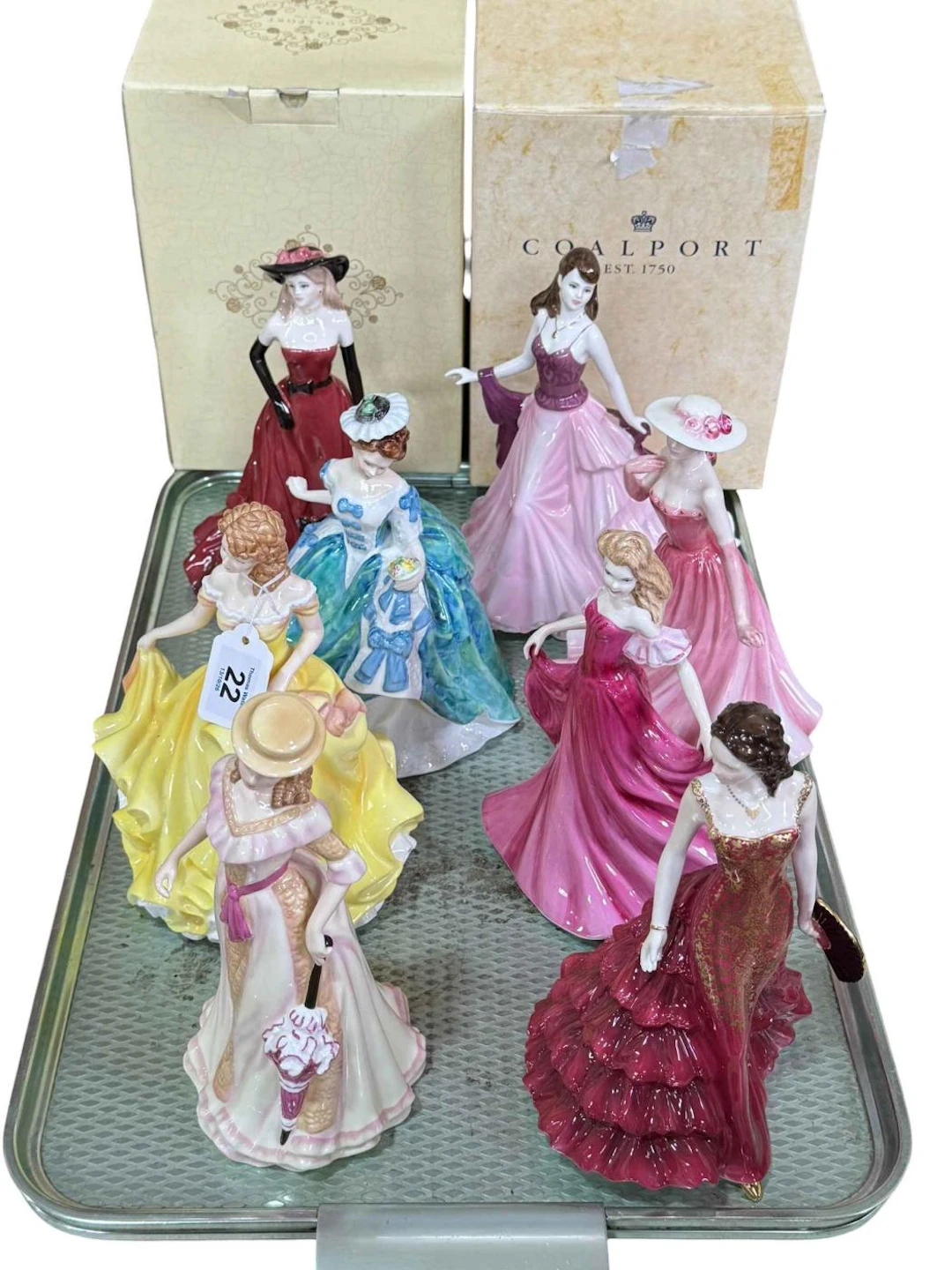 Eight lady figurines; five Royal Doulton, two Coalport with boxes