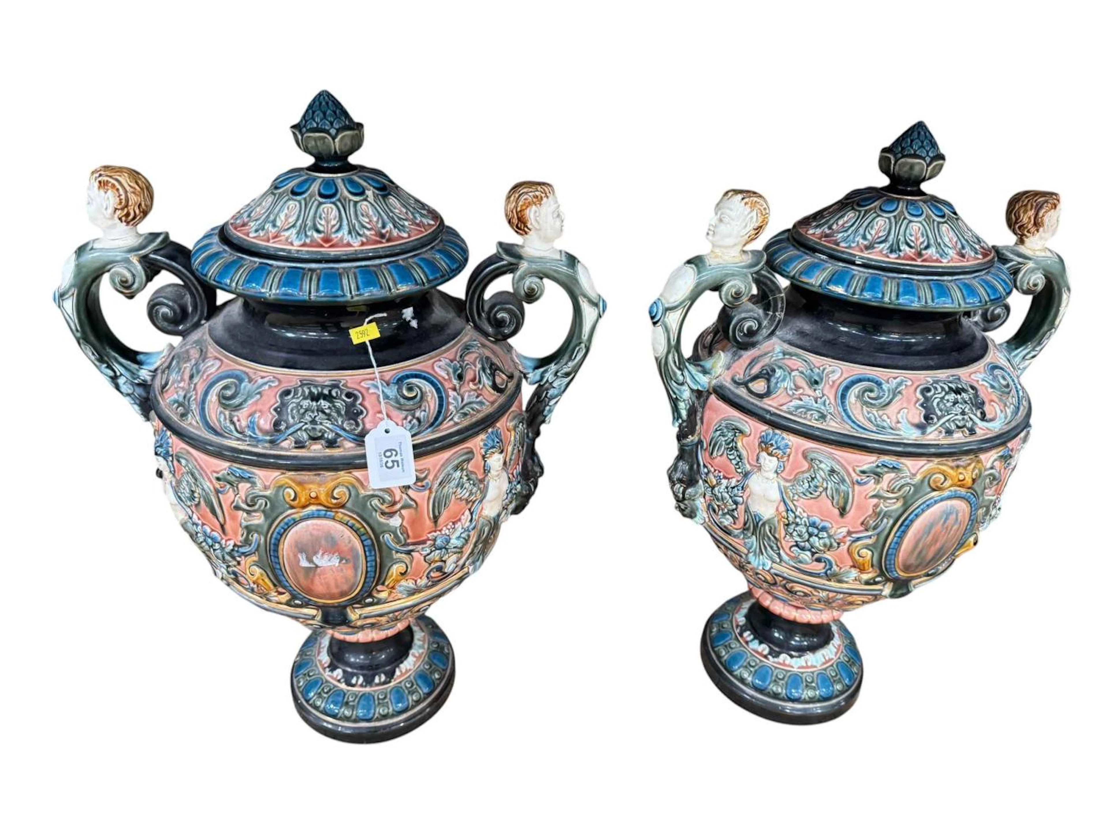 Pair of Rorstrand Majolica vases and covers, approximately 60cm.
