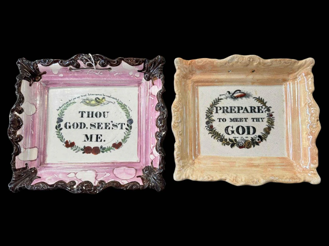 Two Sunderland plaques, pink lustre, 23.5cm wide.