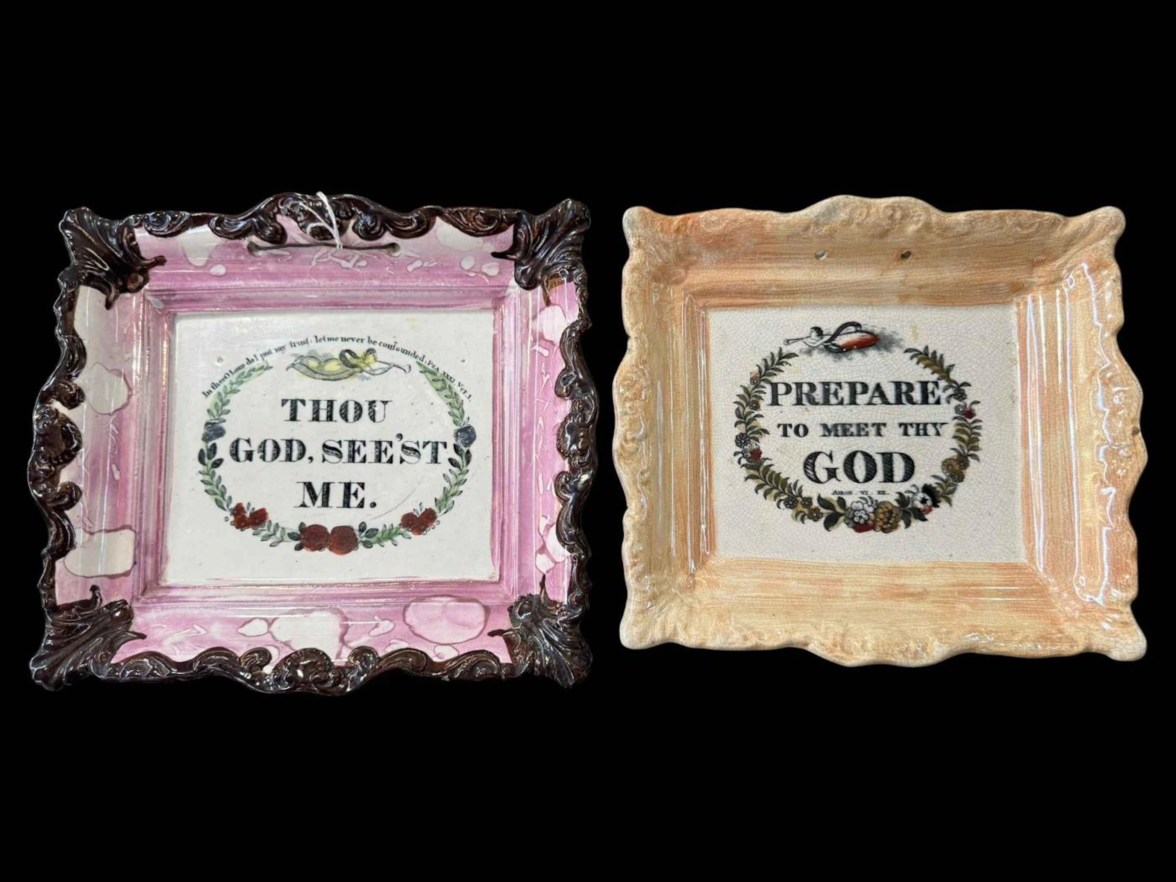 Two Sunderland plaques, pink lustre, 23.5cm wide.