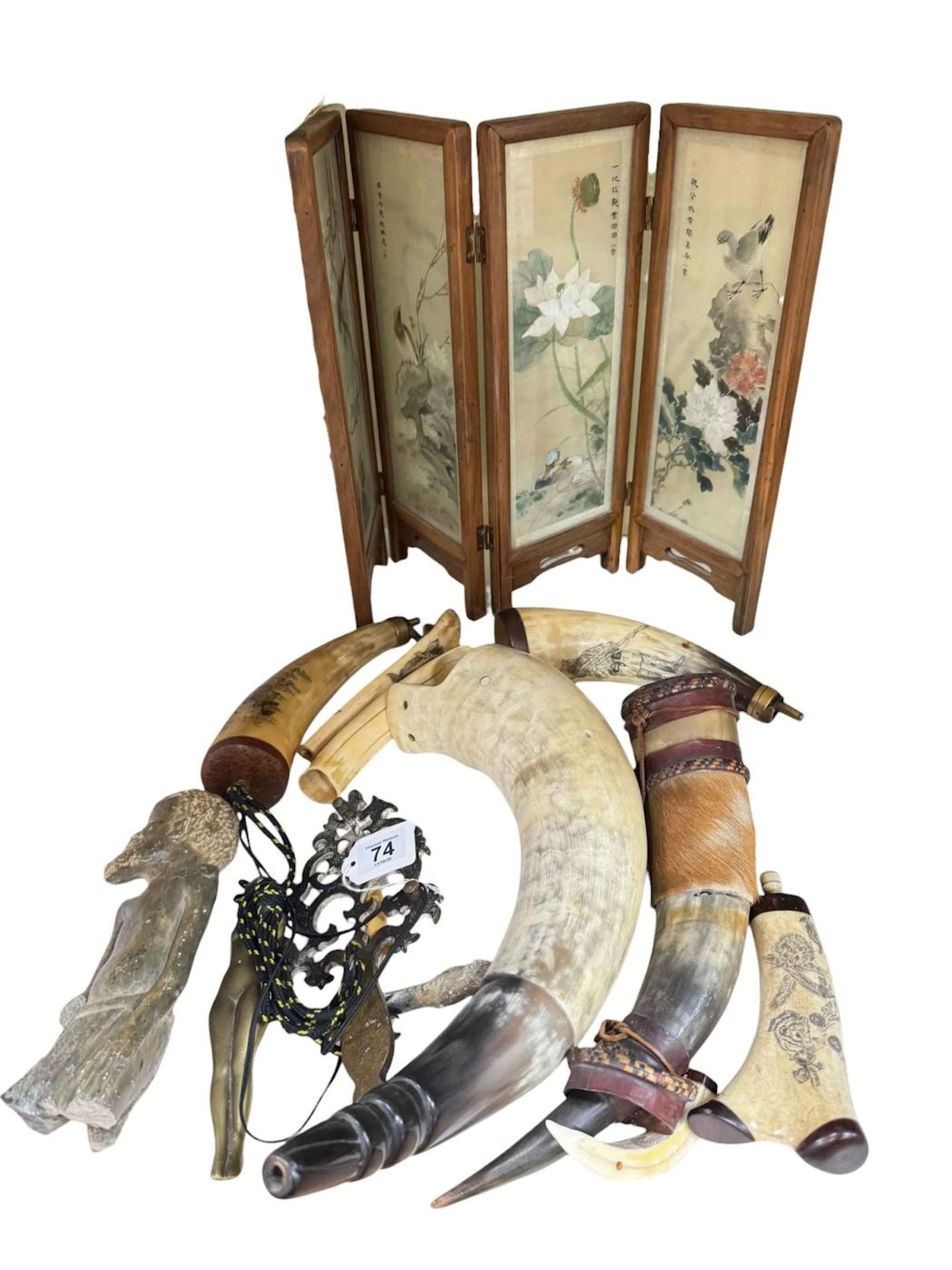 Oriental four fold table screen, horn powder flasks, brass trivet