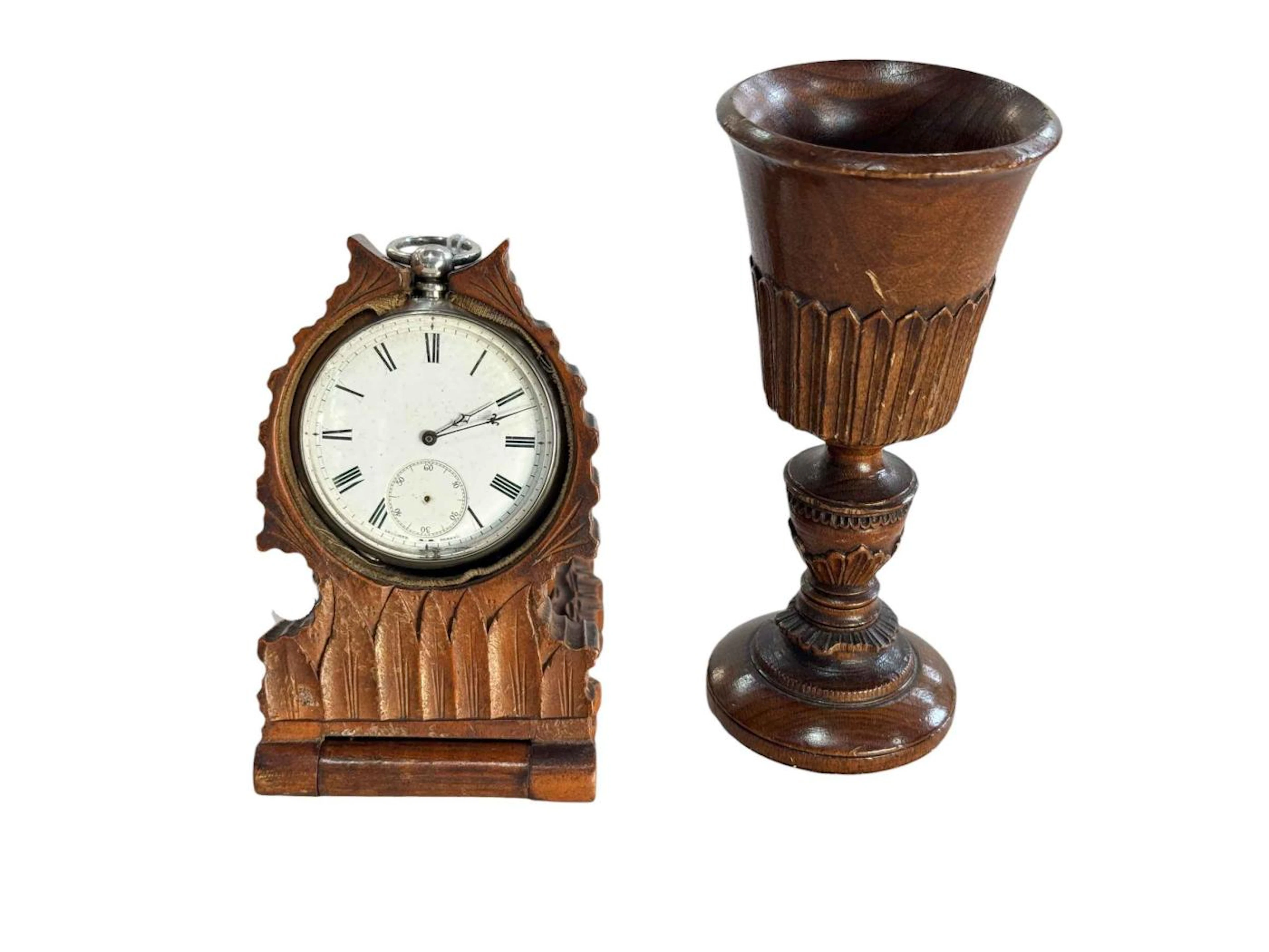 Black Forest carved acorn pocket watch stand with watch, and small