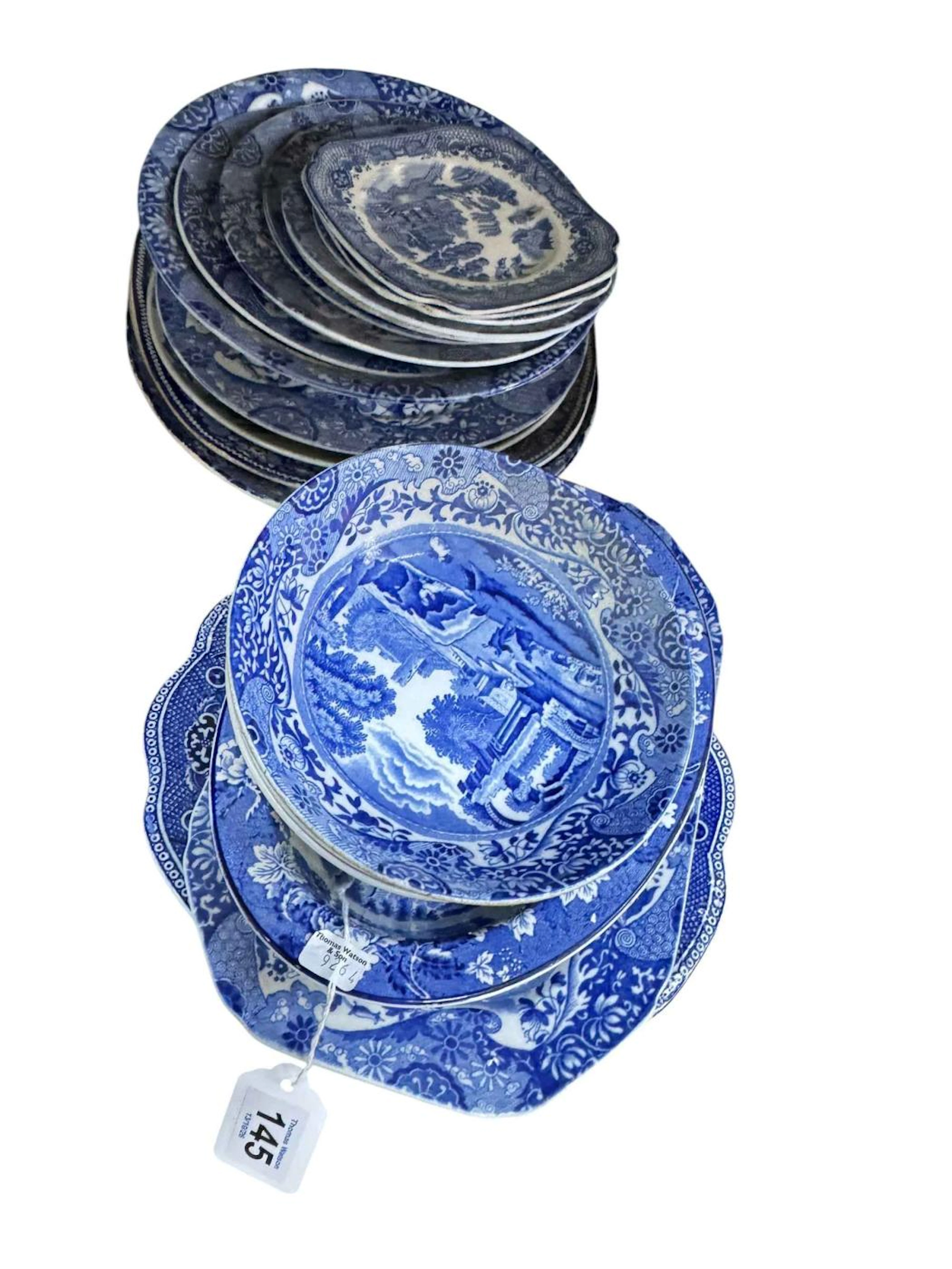 Collection of blue and white china including meat plates, serving