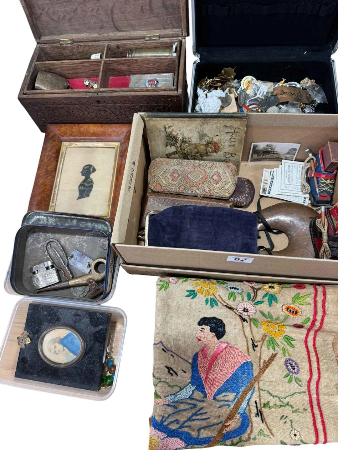 Assorted collectables including badges, portraits, spectacles, needlework, etc.