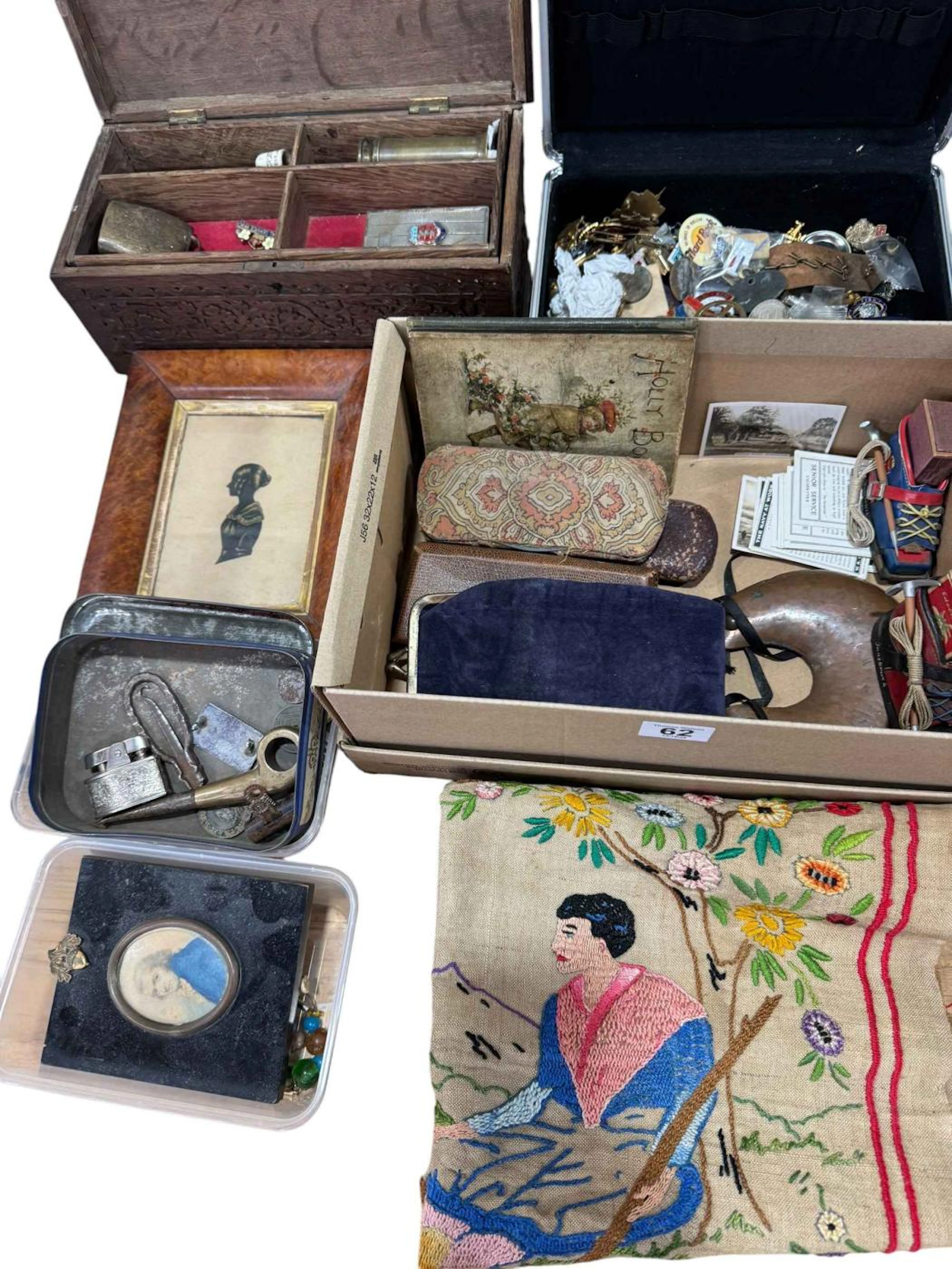 Assorted collectables including badges, portraits, spectacles, needlework, etc.