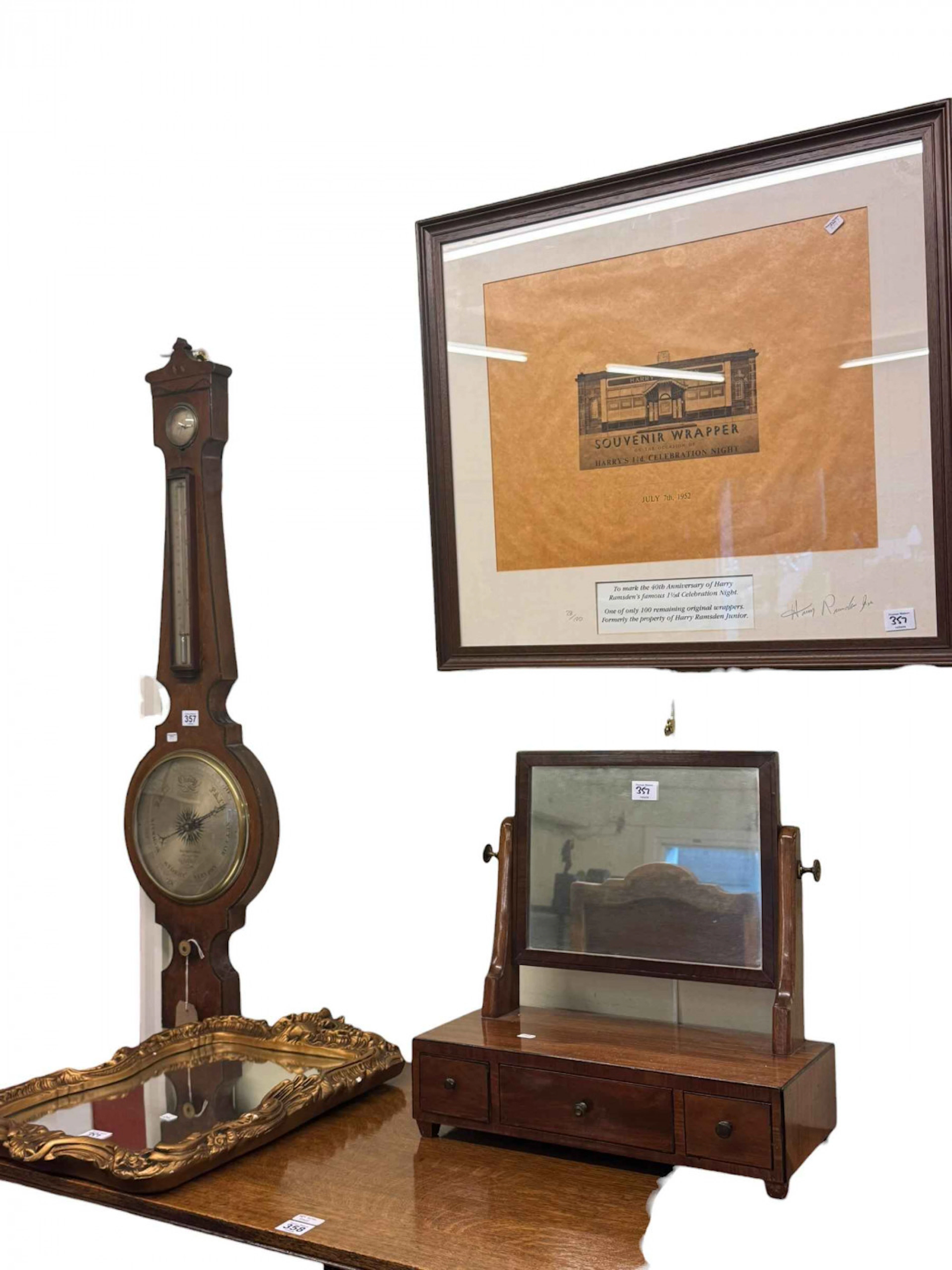 Antique banjo barometer, mahogany three drawer toilet mirror, limited