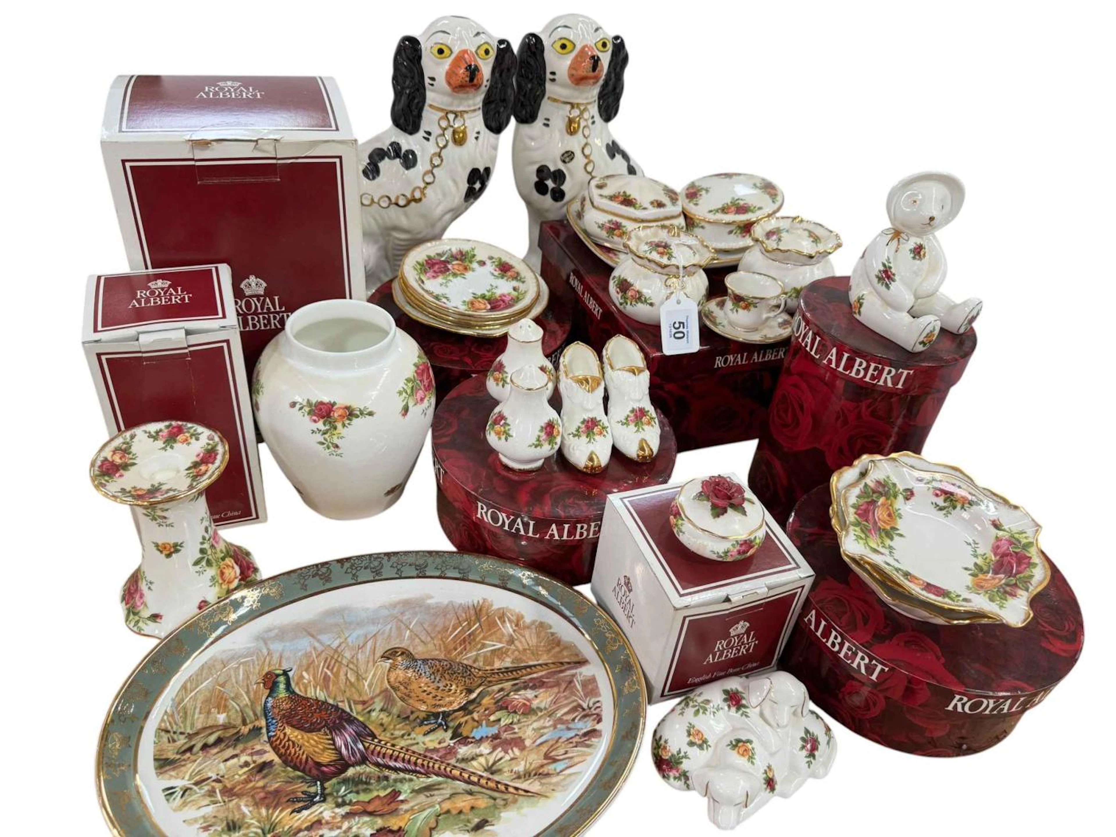 Pair of Staffordshire dogs and collection of Royal Albert Old Country Roses.