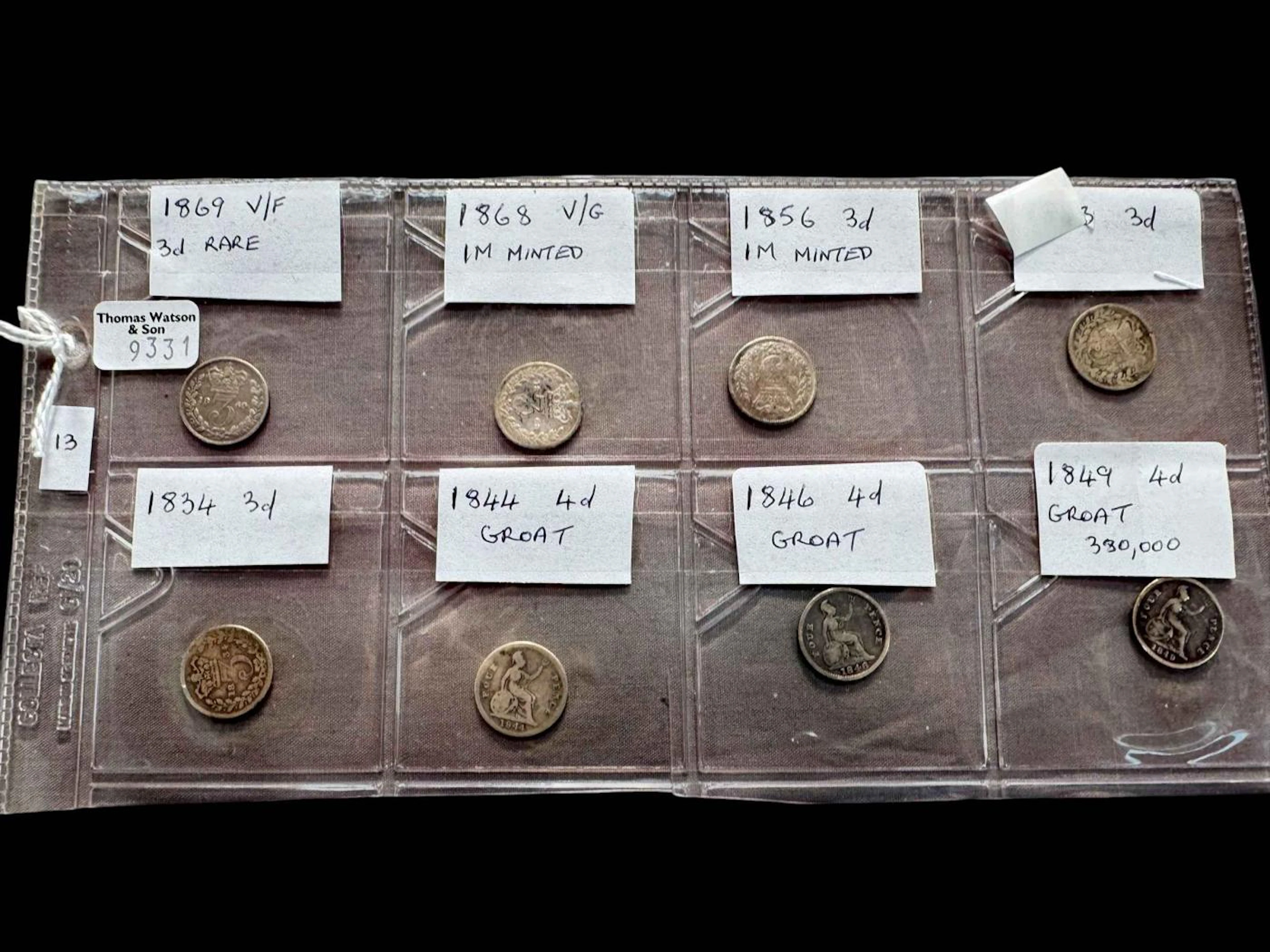 Eight three and four pence coins including 1869 rare coin.