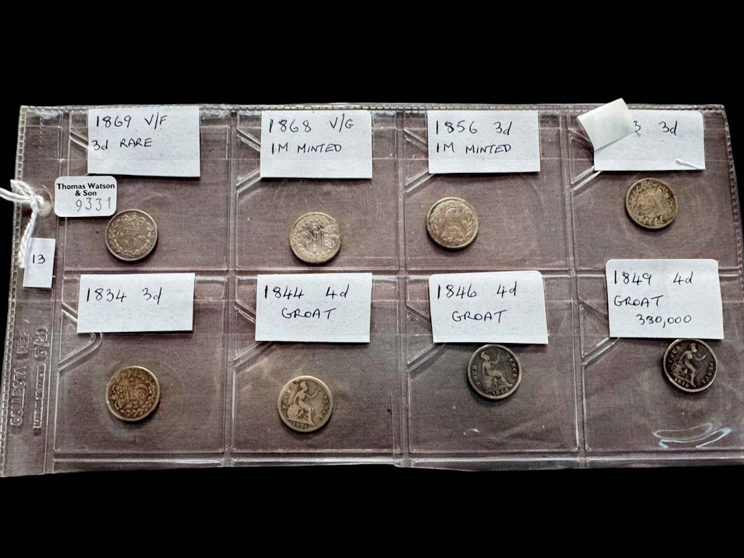 Eight three and four pence coins including 1869 rare coin.