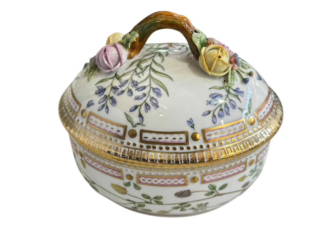 Royal Copenhagen Flora Danica sugar basin and cover painted with botanical