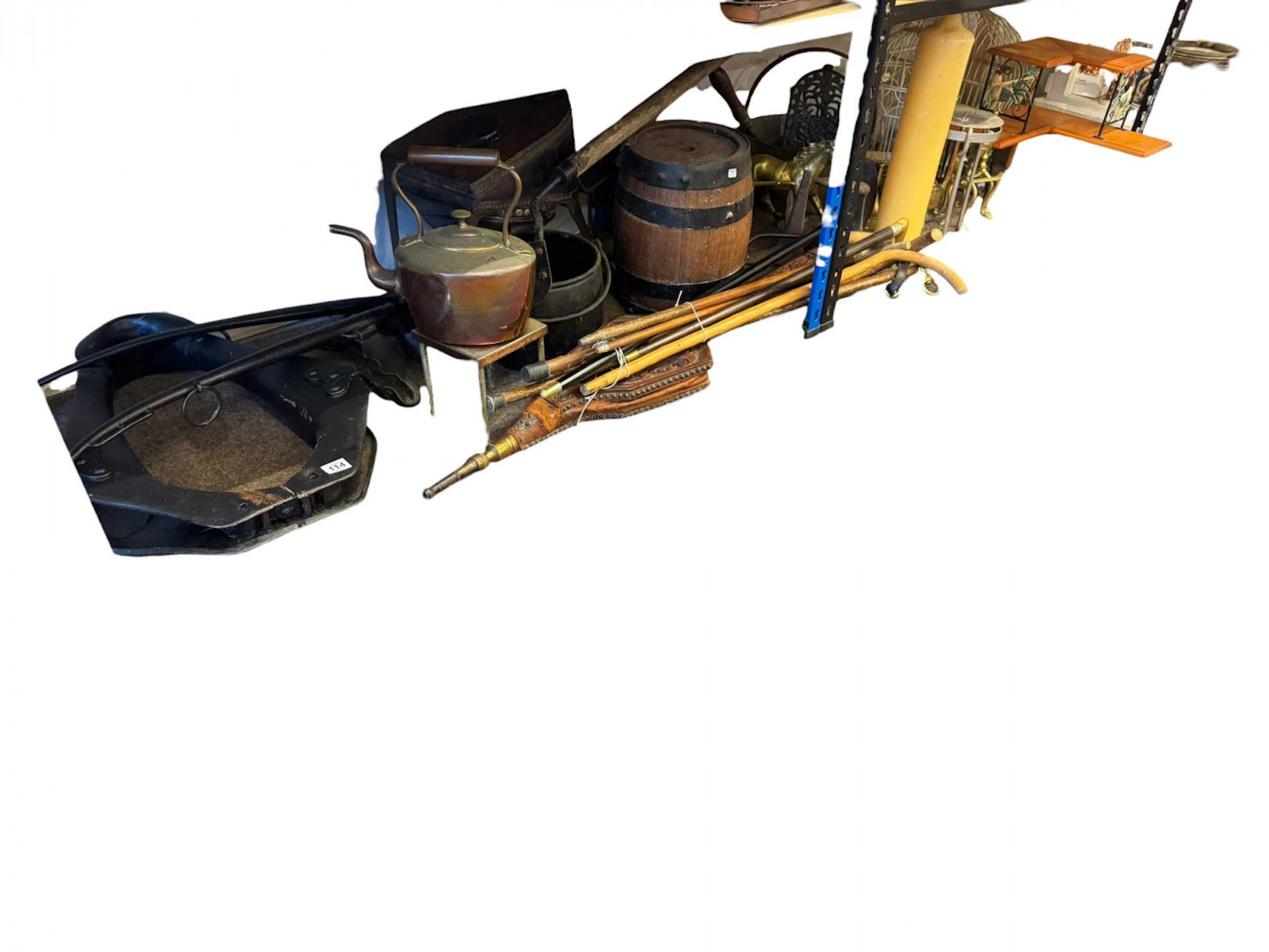 Collection of brass, wood and metal wares including a horse collar