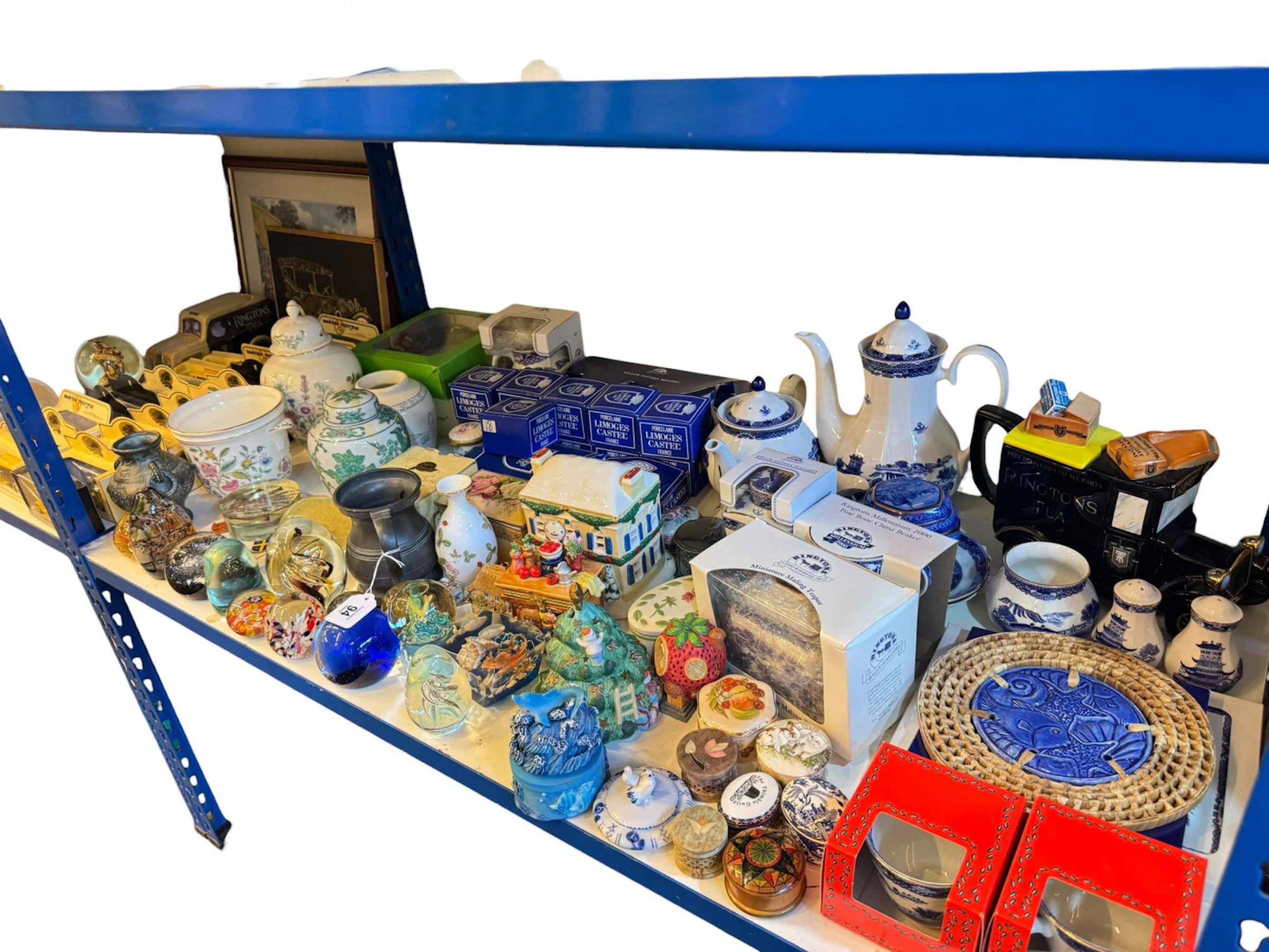 Collection of Ringtons china and model vehicles, glass paperweights