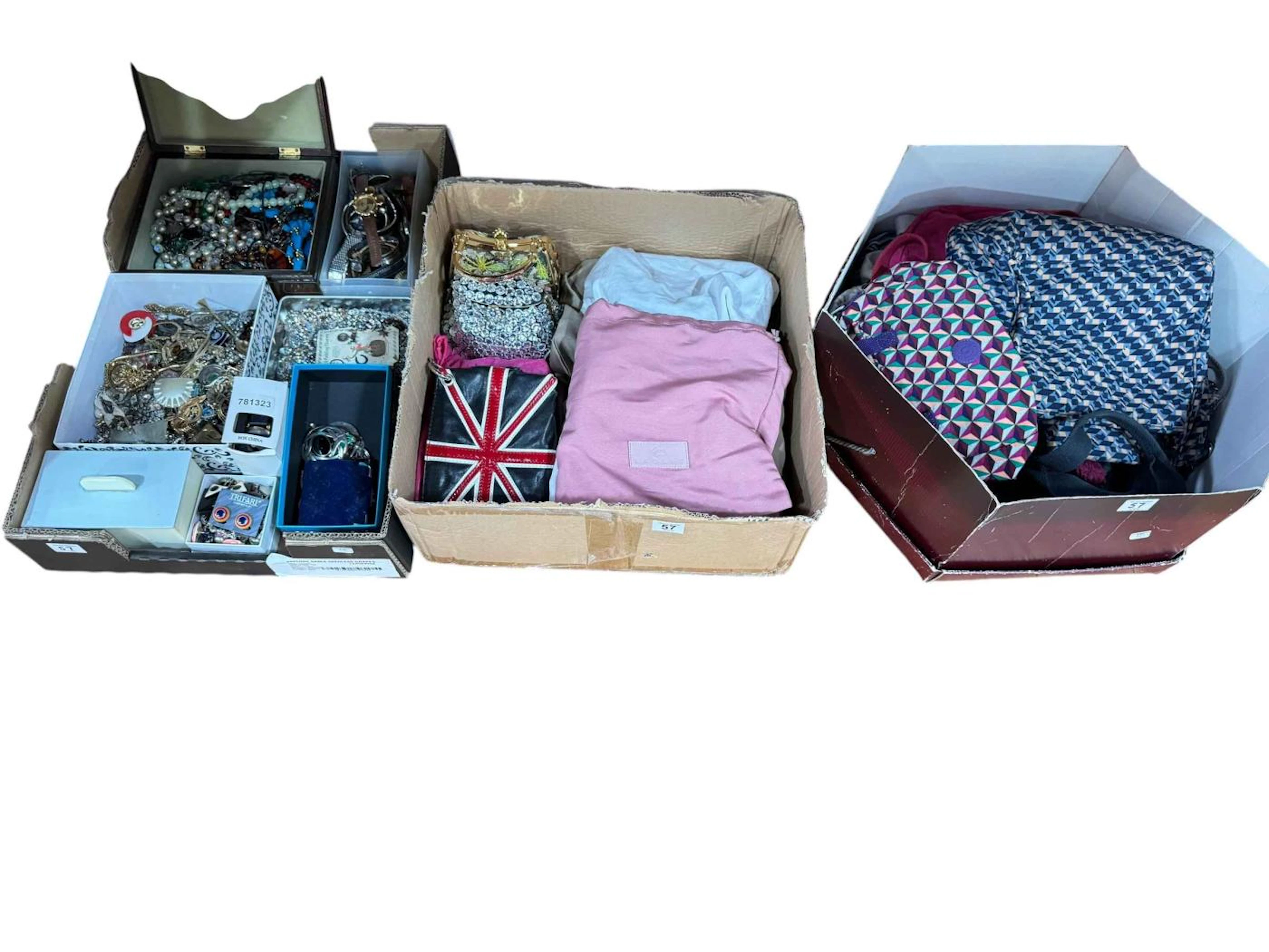 Box of costume jewellery and two boxes of designer bags.