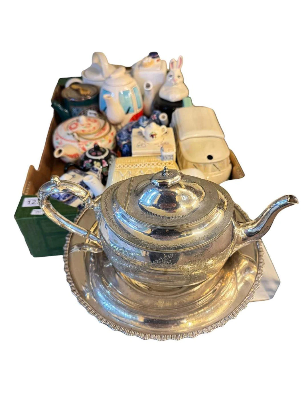 Five chrystoleums, framed print, box of teapots, silver plated teapot