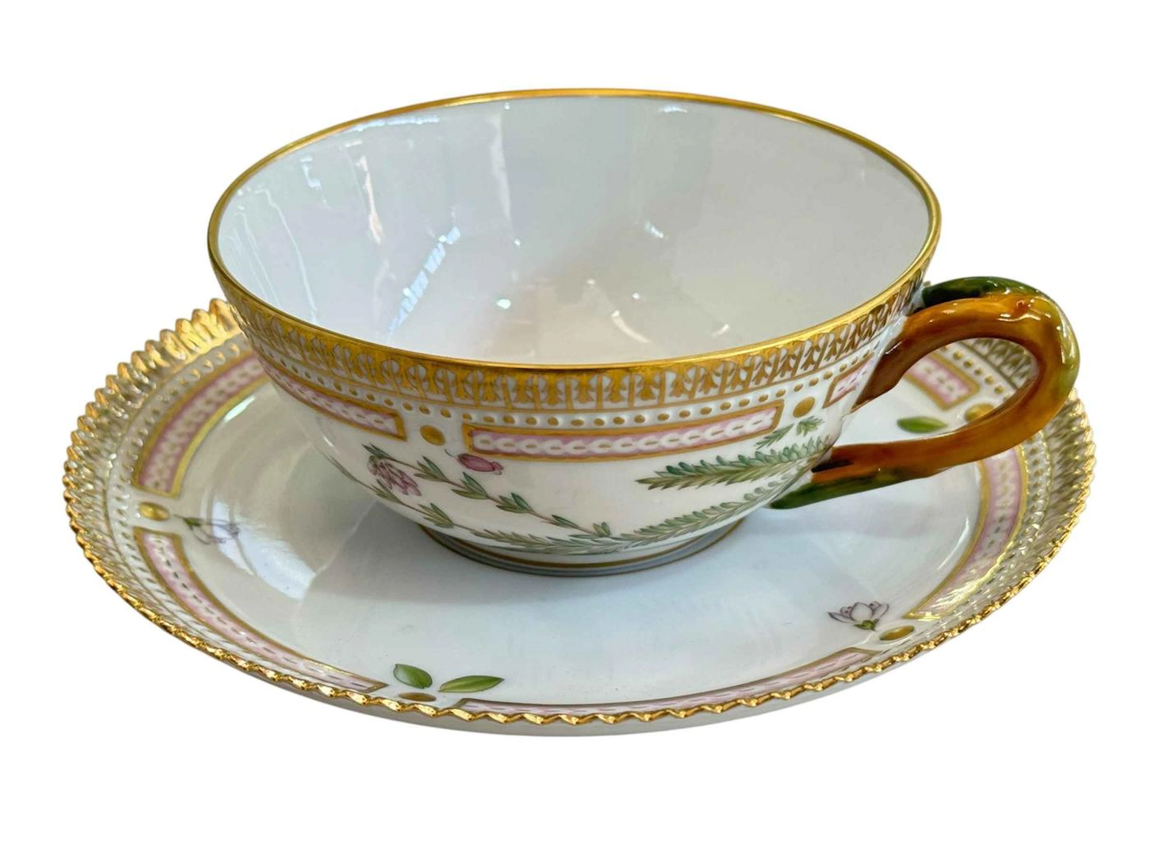 Royal Copenhagen Flora Danica cup and saucer, the cup painted with
