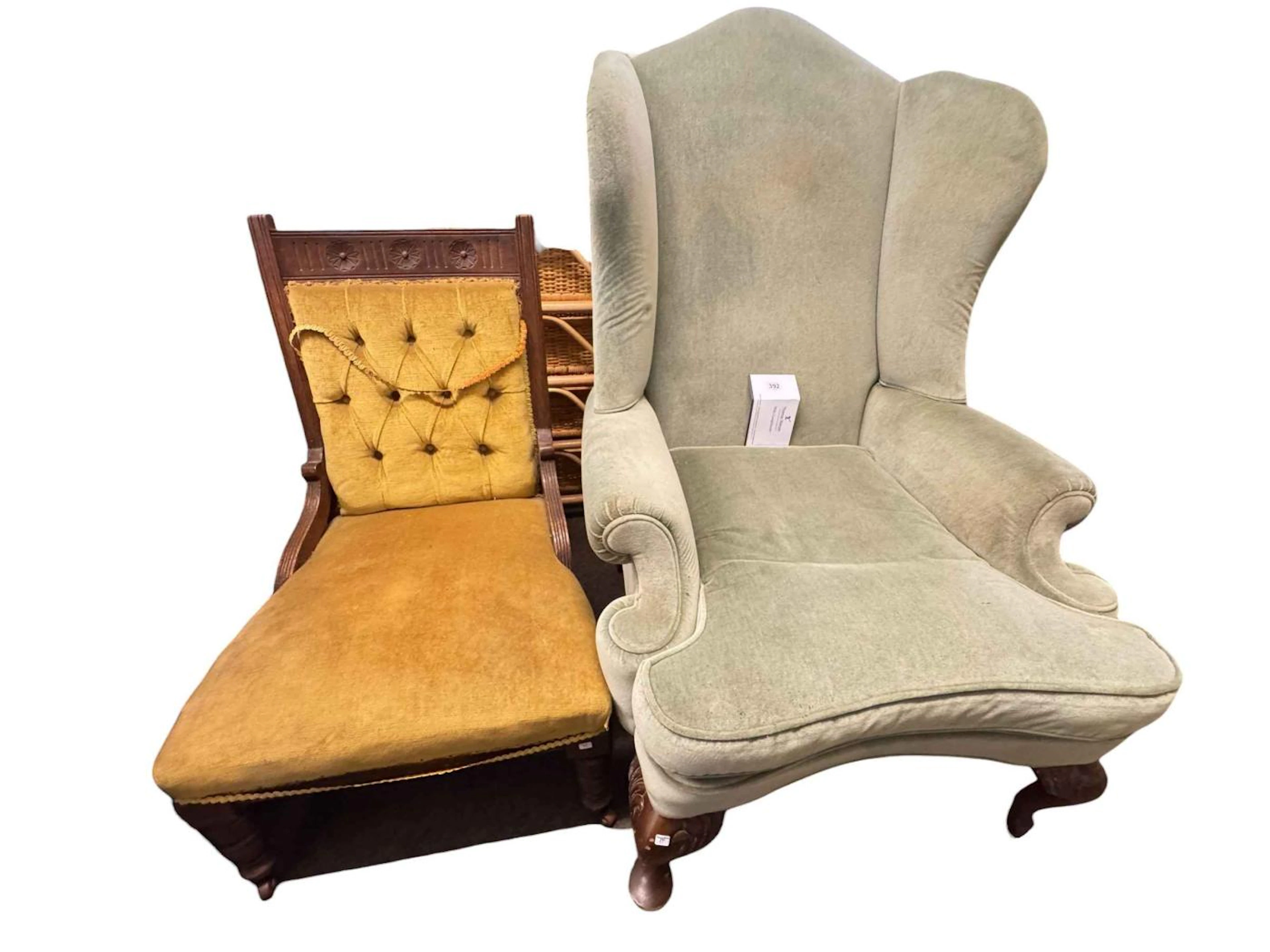 Edwardian wing back armchair on cabriole legs and Edwardian ladies chair.