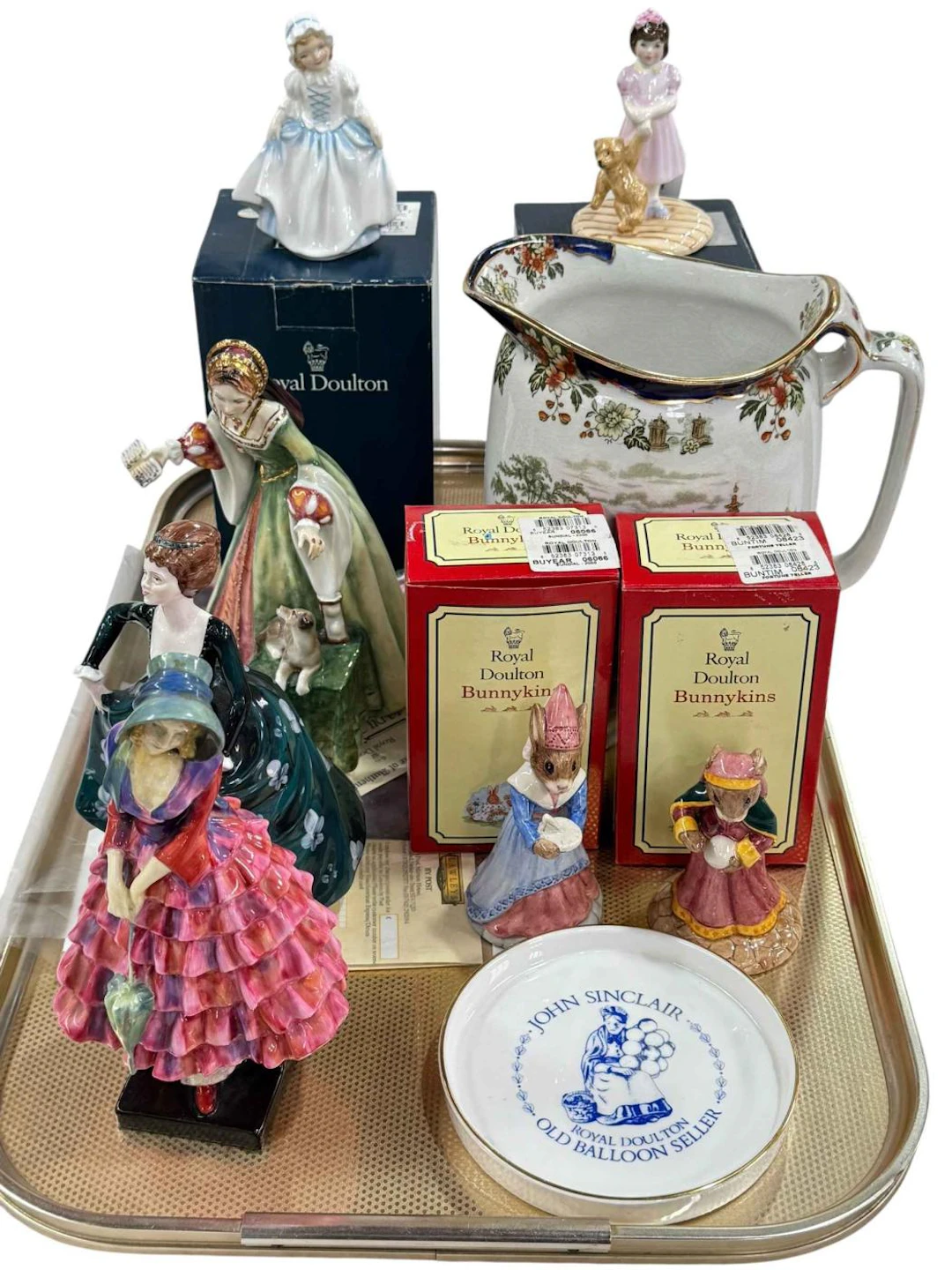 Four Royal Doulton figures including Lady Jane Grey, Coalport figure