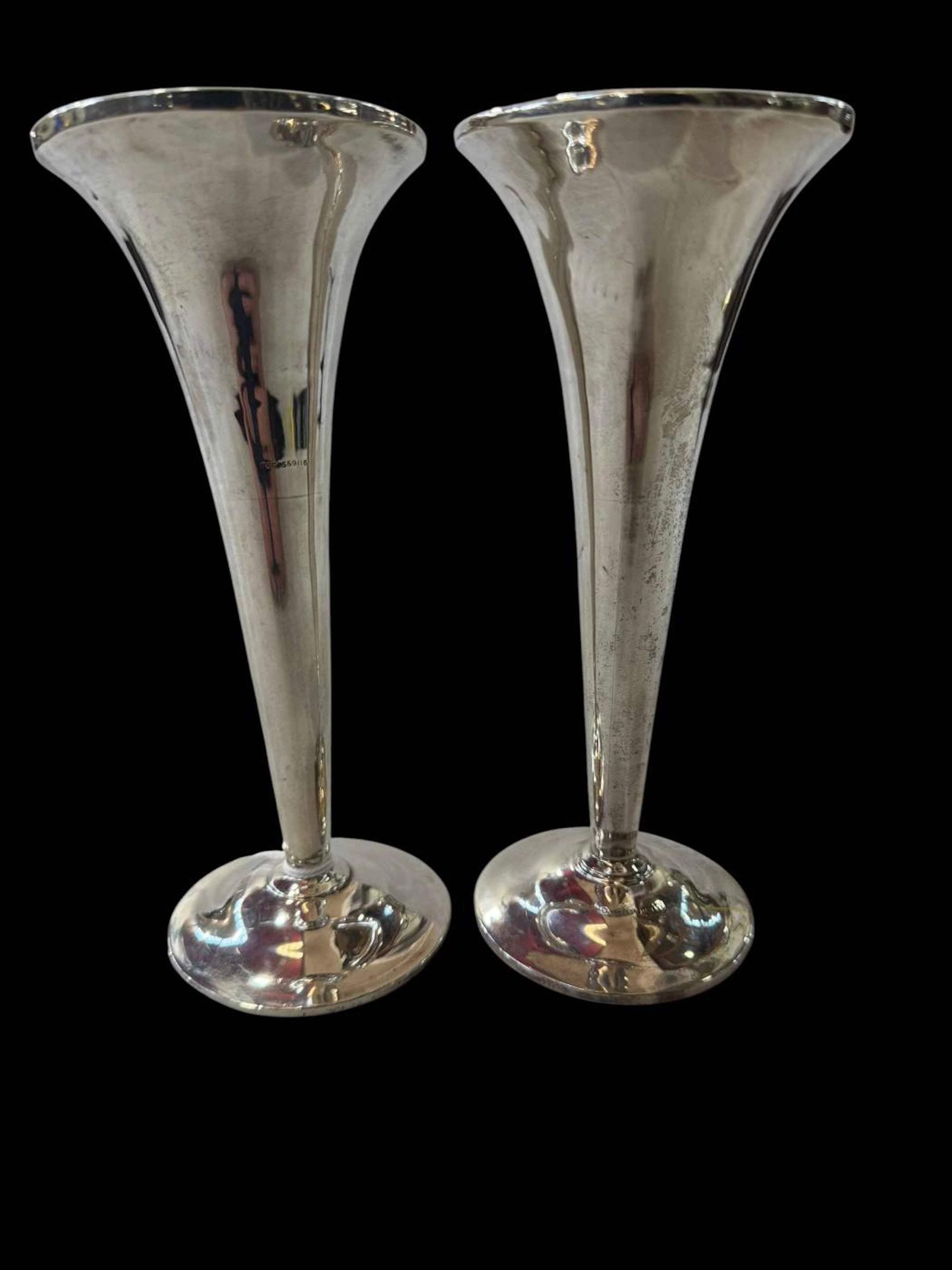 Pair silver trumpet flower spill vases, Chester 1911, 18cm, loaded.