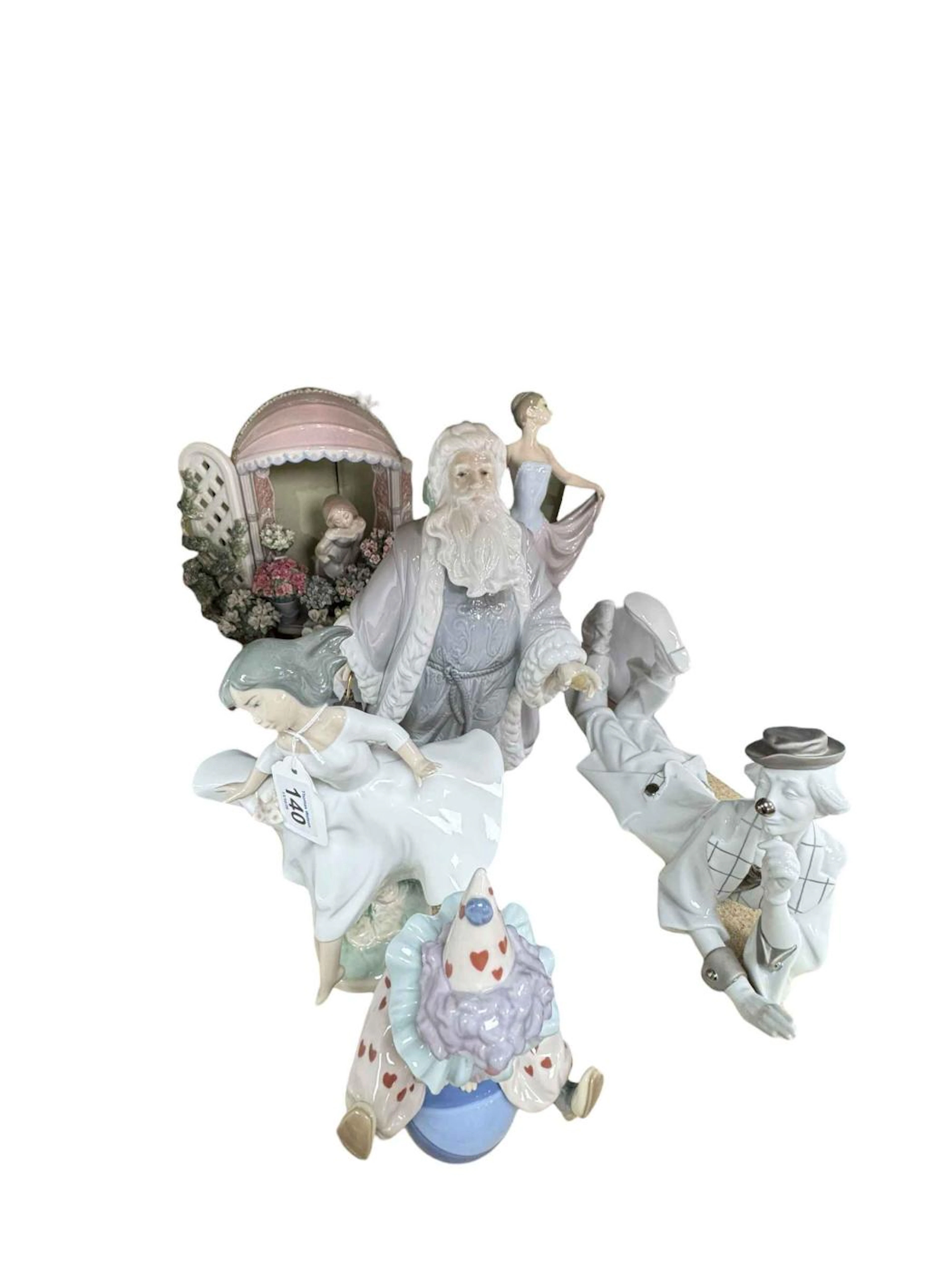 Six Lladro figures including Romantic Feelings, Santa Claus, Messinger