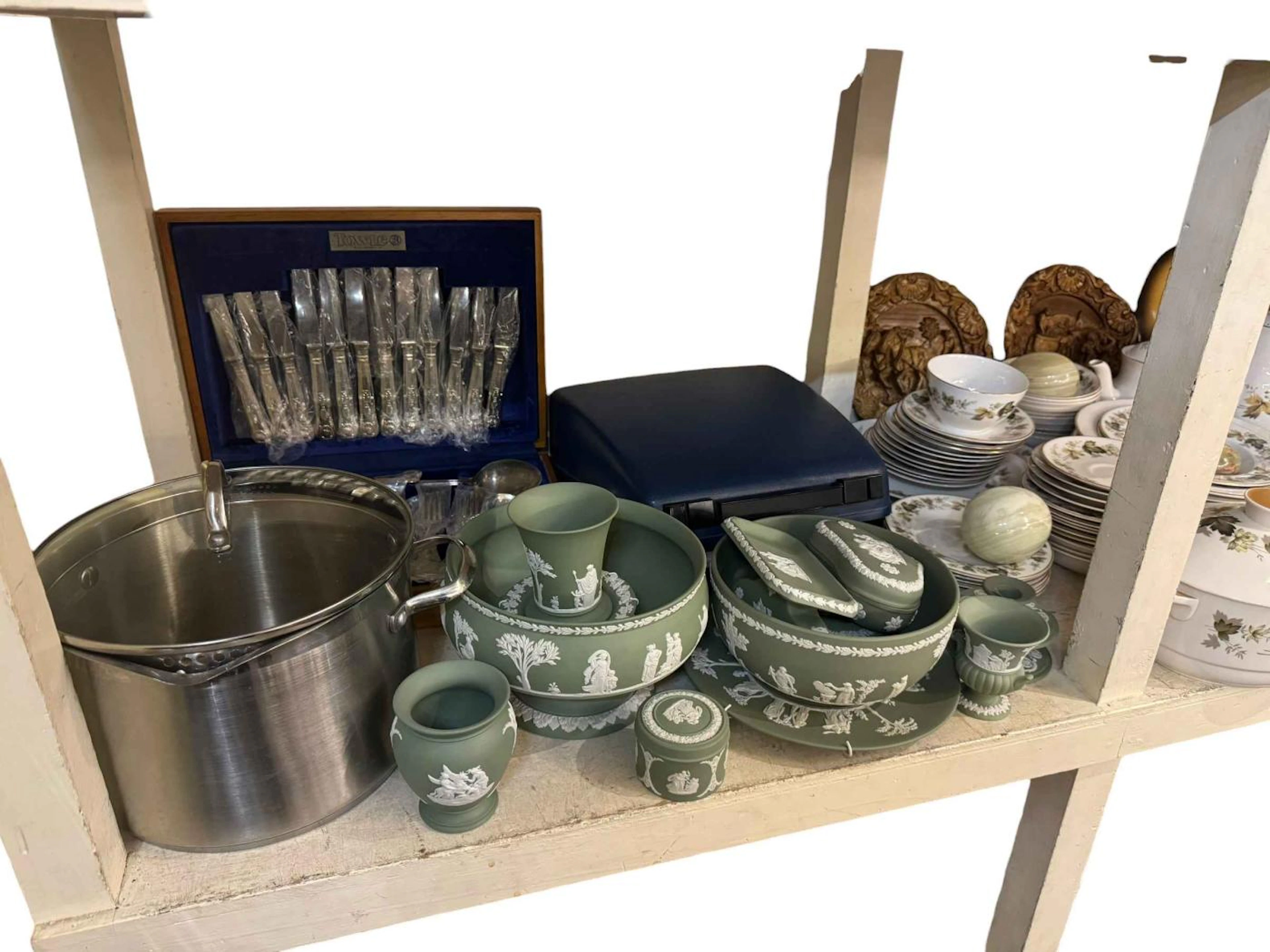 Full shelf of china and metalwares including Wedgwood Green Jasperwares