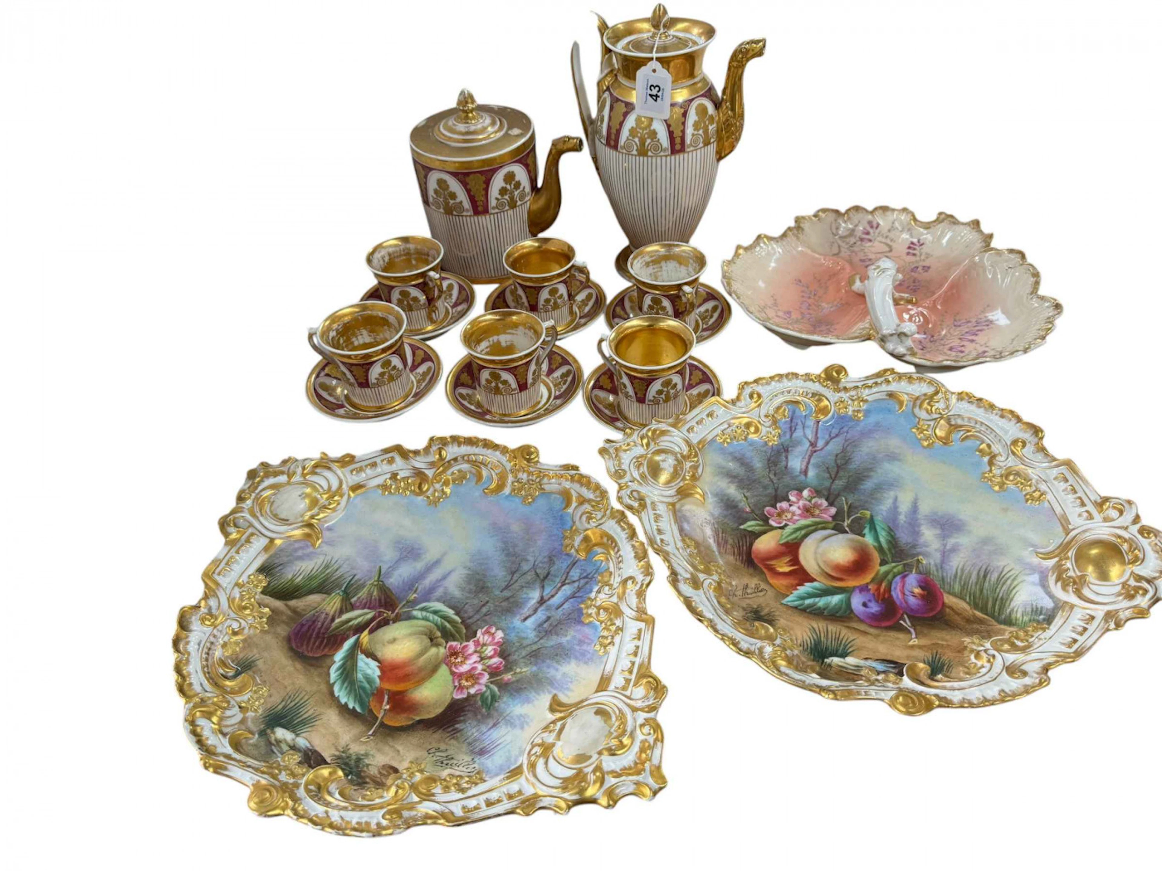 Pair Limoges fruit painted chargers by Charles Thuillier, 39cm across
