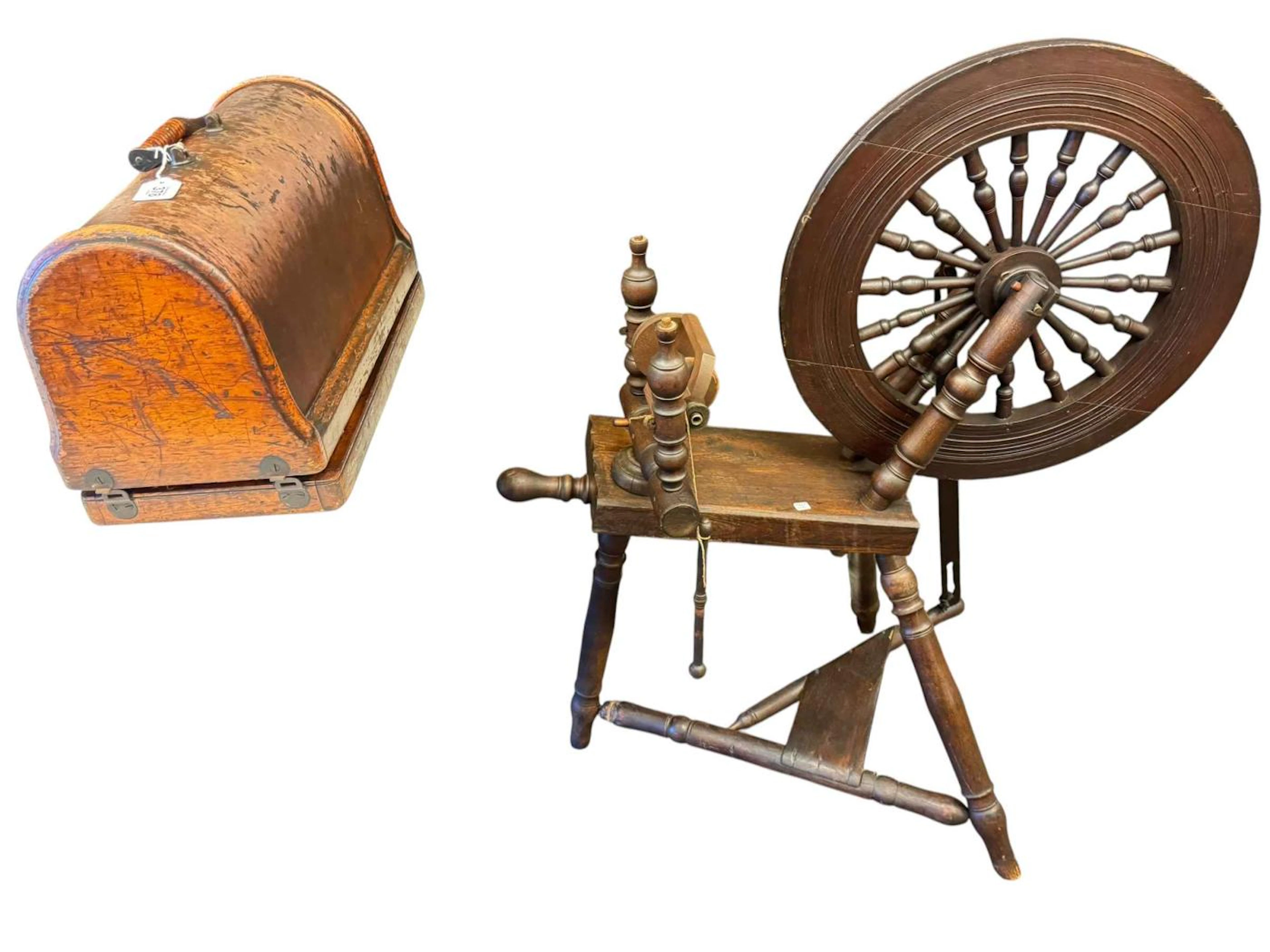 Spinning wheel and Singer hand sewing machine.