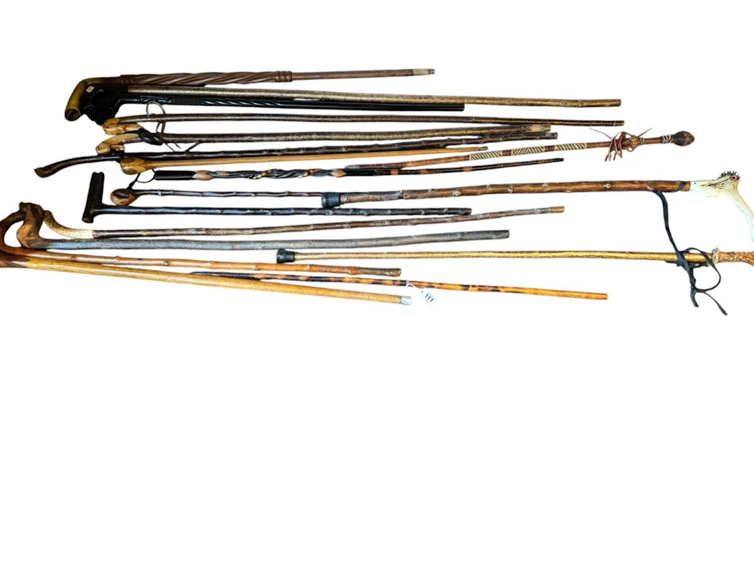 Collection of walking sticks and staff including horn and hoof handled