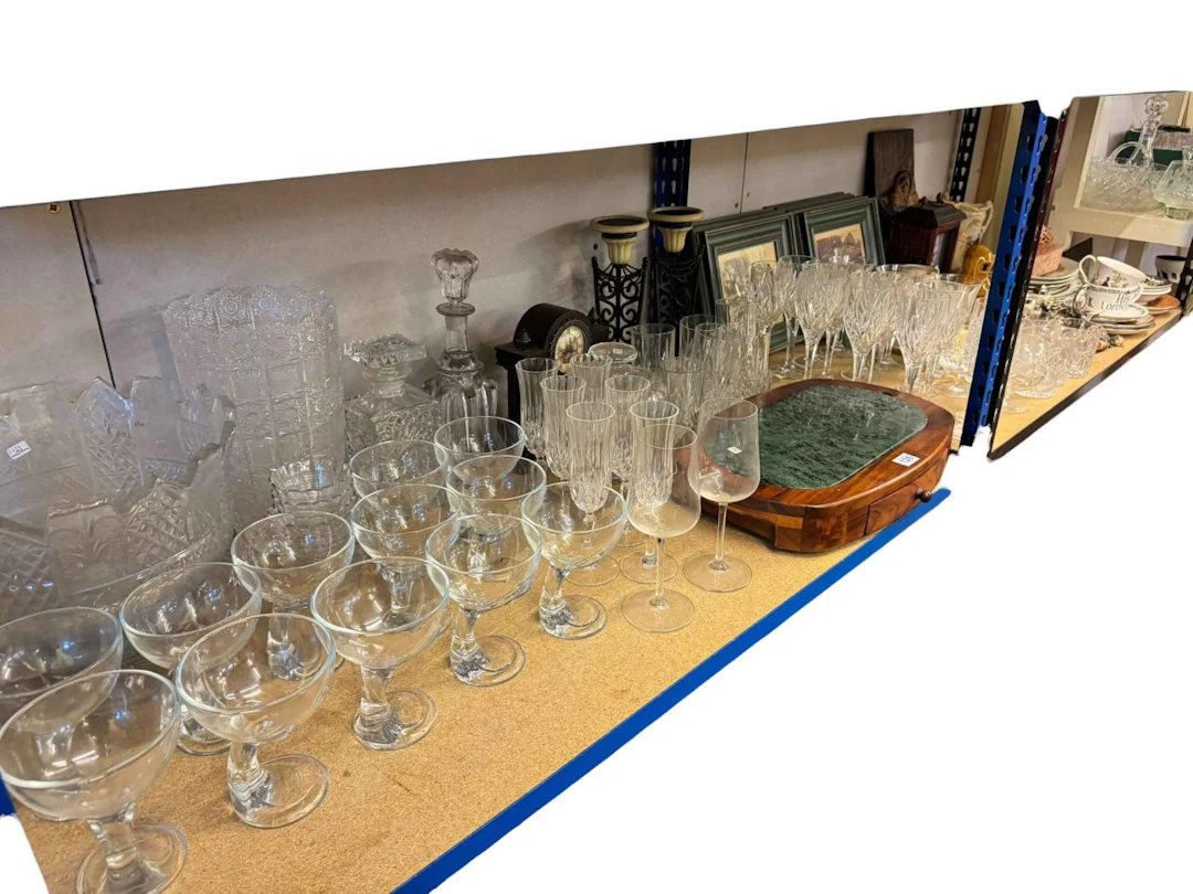 Large collection of glass, china, ornaments, canteen of cutlery, clocks, etc.