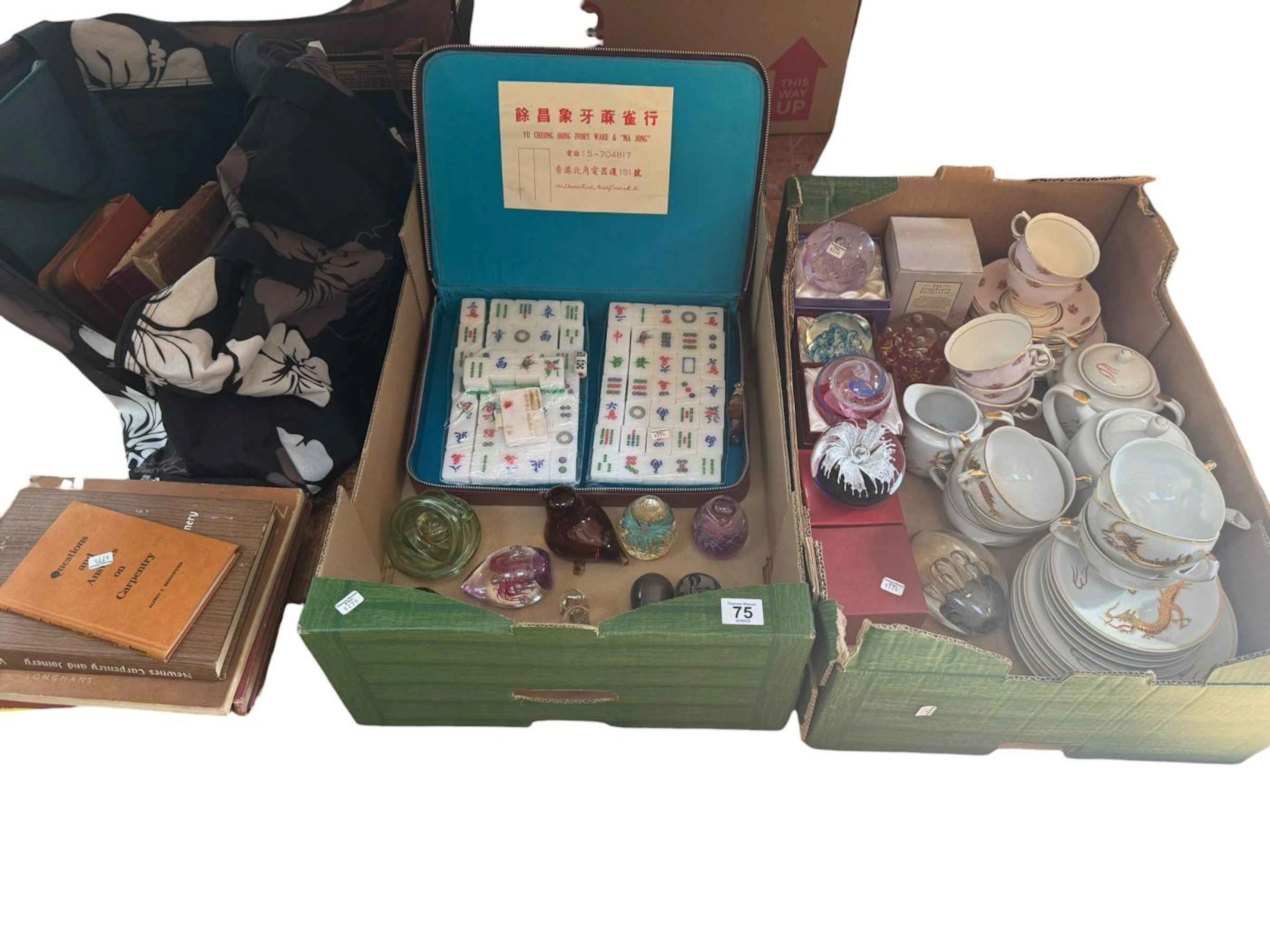 Collection of glass paperweights some boxed, china teawares, cased