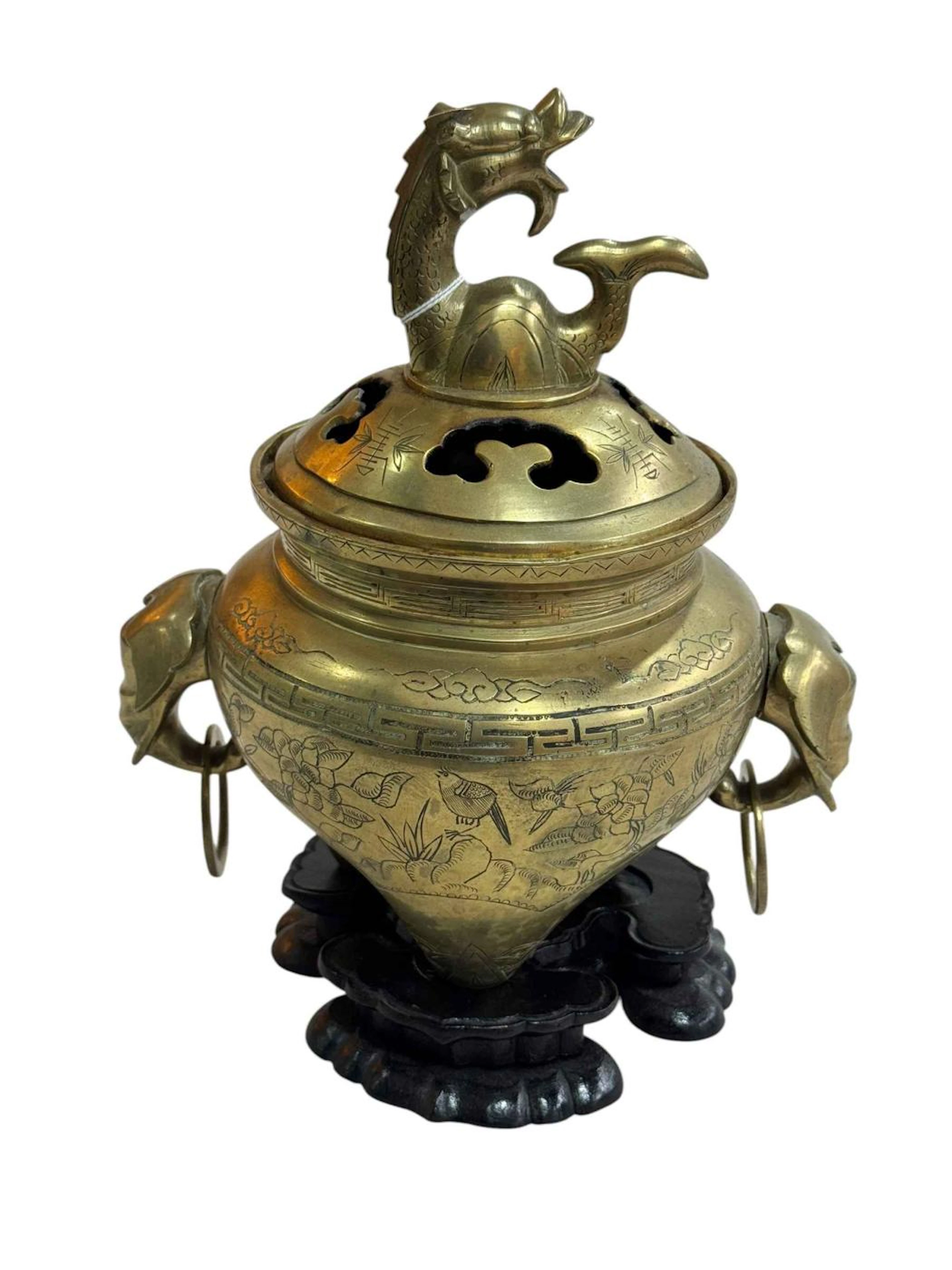 Chinese bronze censor with elephant mask ring pull handles with a