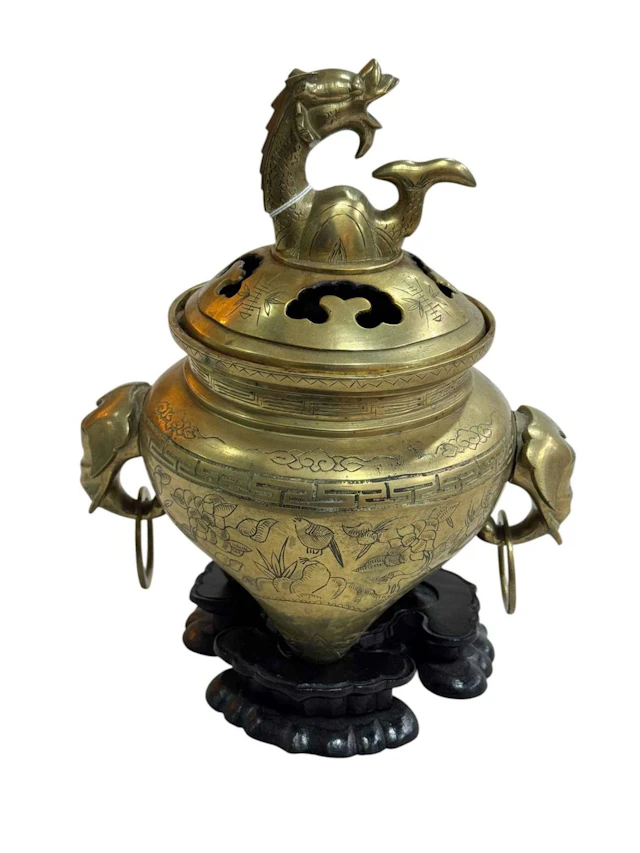 Chinese bronze censor with elephant mask ring pull handles with a