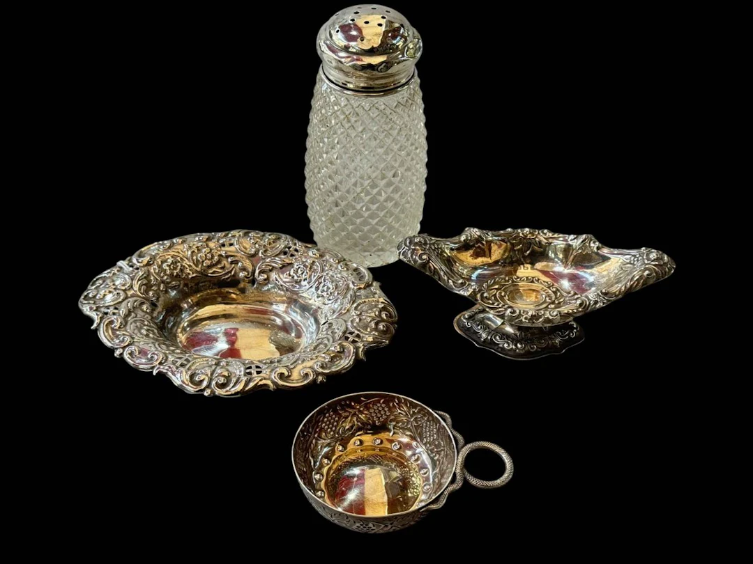 Silver pedestal dish, oval silver dish, silver wine taster and silver