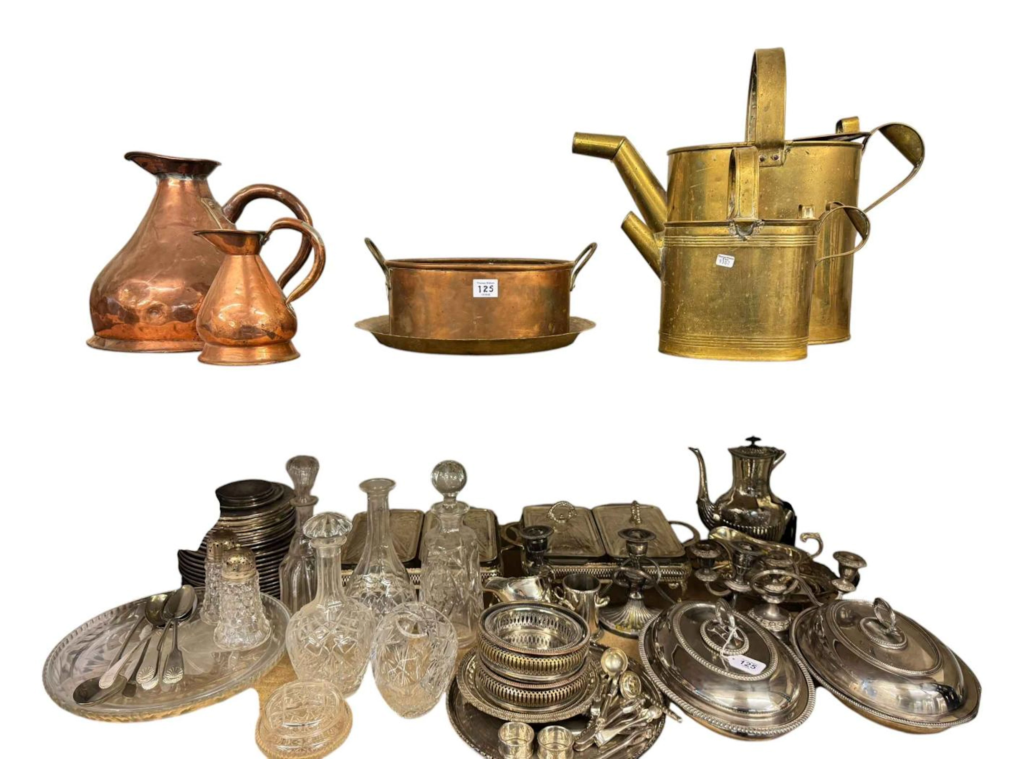 Large collection of silver plated ware, glass including decanters