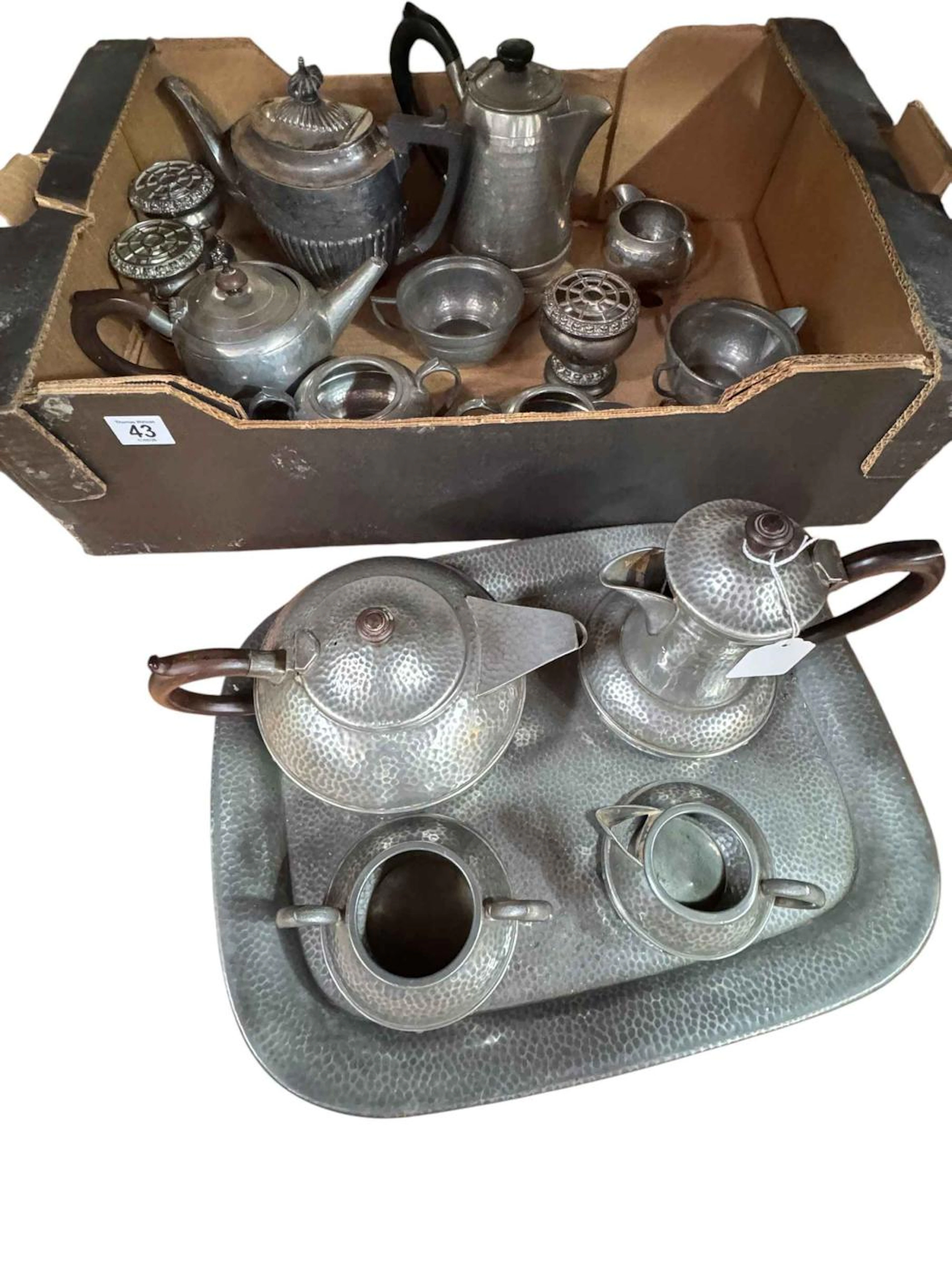 Craftsman pewter four piece tea set with tray and a box of silver plate.