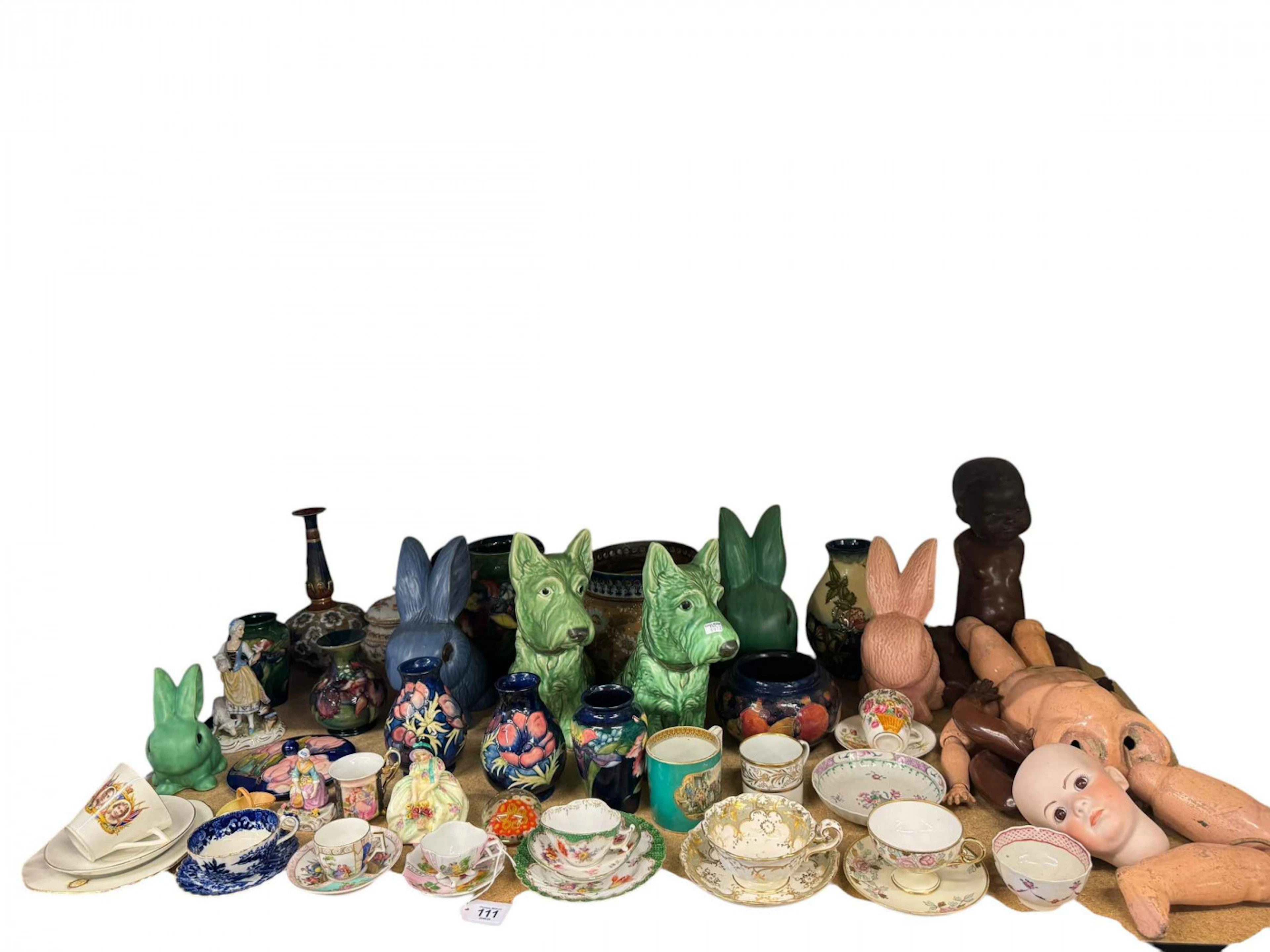 Moorcroft Pottery vases, Sylvac and other rabbits, dogs, cabinet cups