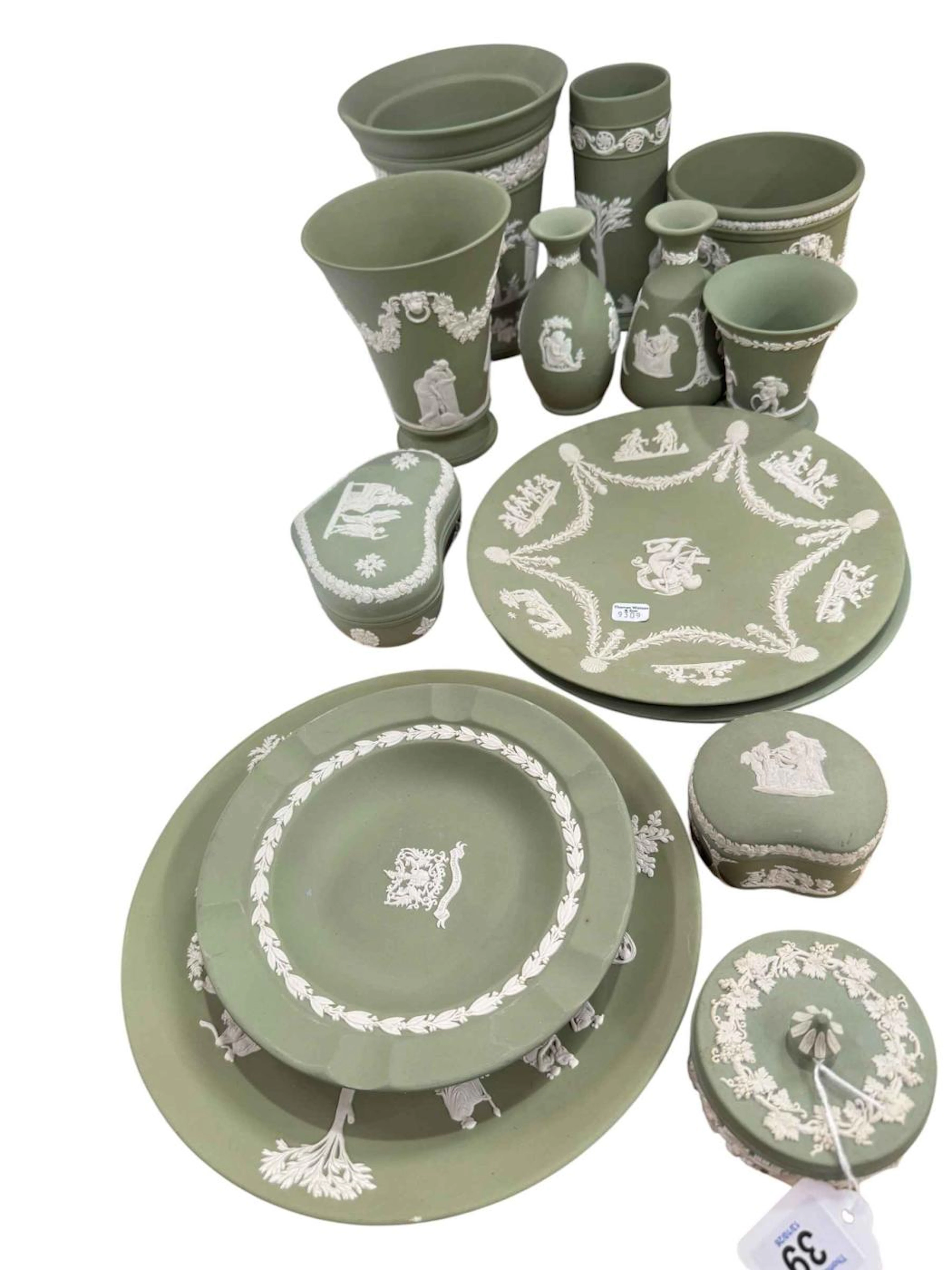 Collection of Wedgwood Green Jasperware including vases, plates, etc.